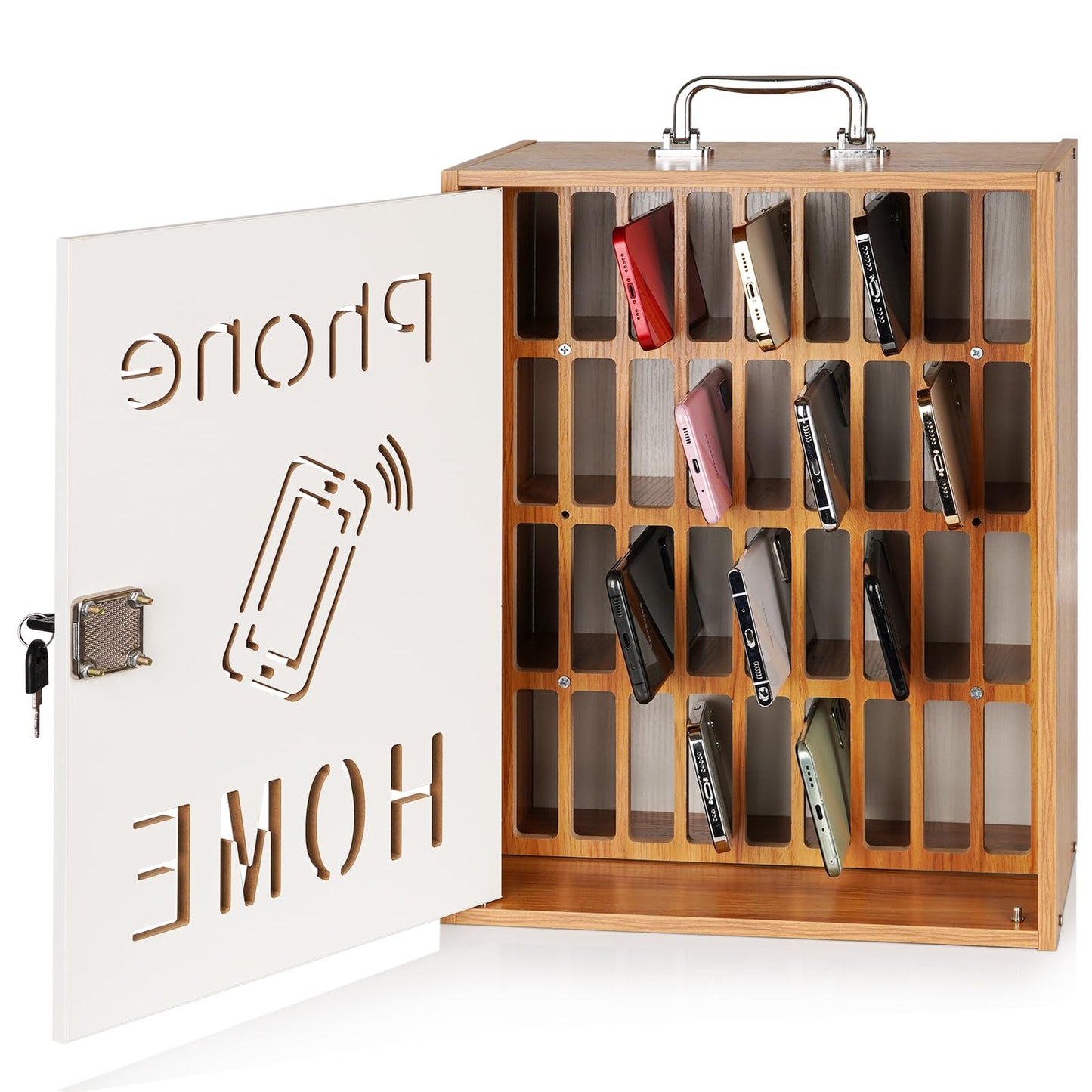 Lzttyee Cell Phone Holder Classroom 36 Slots Wooden Cell Phone Storage Cabinet Pocket Chart with Handle and Security Lock for Classroom Office (36 Grid Cabinet Cherry)