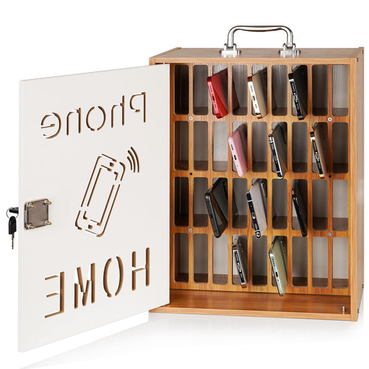 Lzttyee Cell Phone Holder Classroom 36 Slots Wooden Cell Phone Storage Cabinet Pocket Chart with Handle and Security Lock for Classroom Office (36 Grid Cabinet Cherry)