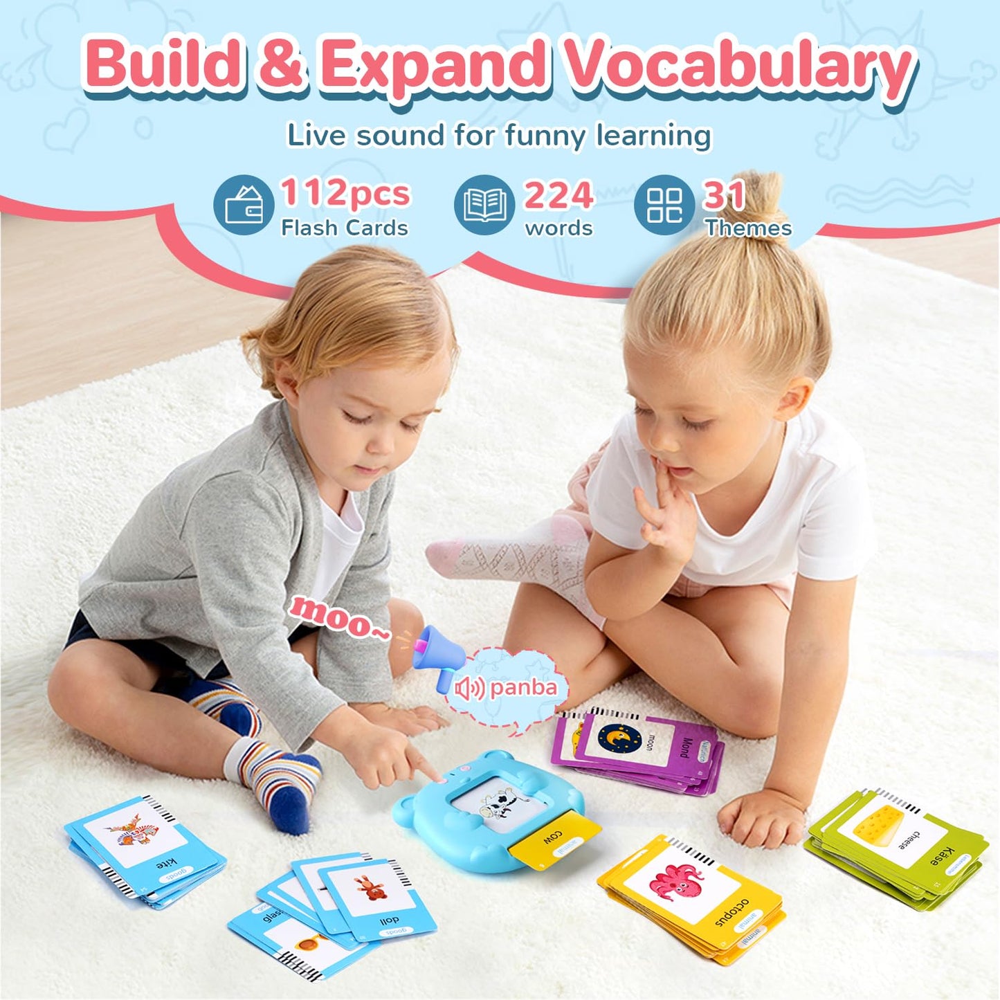 German & English Talking Flash Cards for Toddler, Learning Montessori Toys with 224 Sight Words, Speech Therapy Toys, Children's Sensory Preschool Learning Educational Birthday