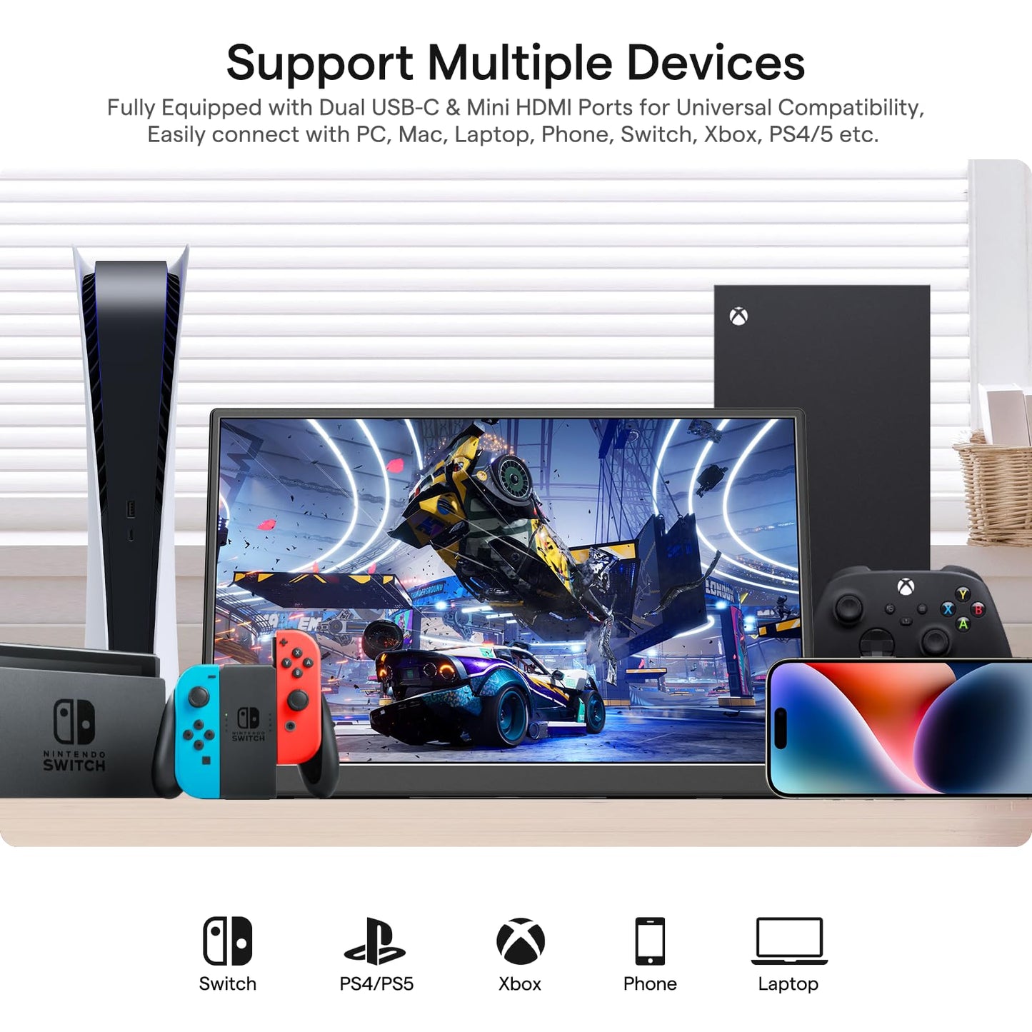 Yxk Portable Monitor 14 Inch 1200P 60Hz IPS HDR Ultra-Slim Travel Monitor with Dual Speakers USB-C HDMI Second Screen for Laptop PC Mac Phone Xbox PS4/5 Switch, VESA Kickstand, Zero Frame Gaming