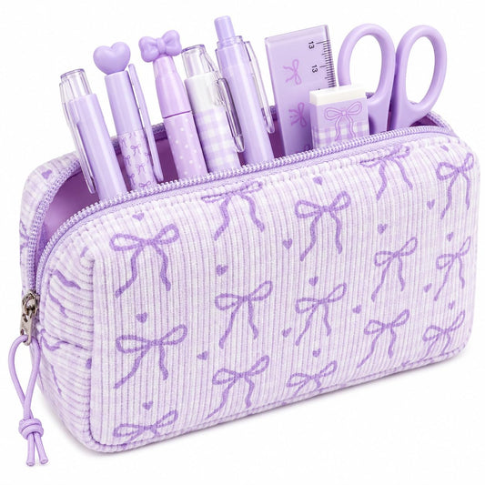 LEDAOU Cute Pencil Case for Kids Girls Boys Pencil Pouch kawaii Pen Pencil Box Bag Holder for School Students (Corduroy -Bow Purple)