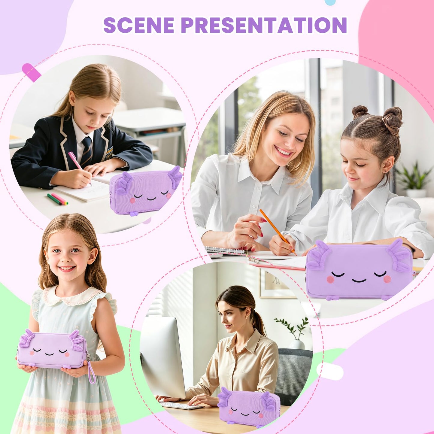 EHZYP Axolotl Pencil Case, Pencil Case For Girls Kids, Salamander Pen Box For School, Large Capacity Pen Pouch,School Supplies Bag for Kids (Purple)