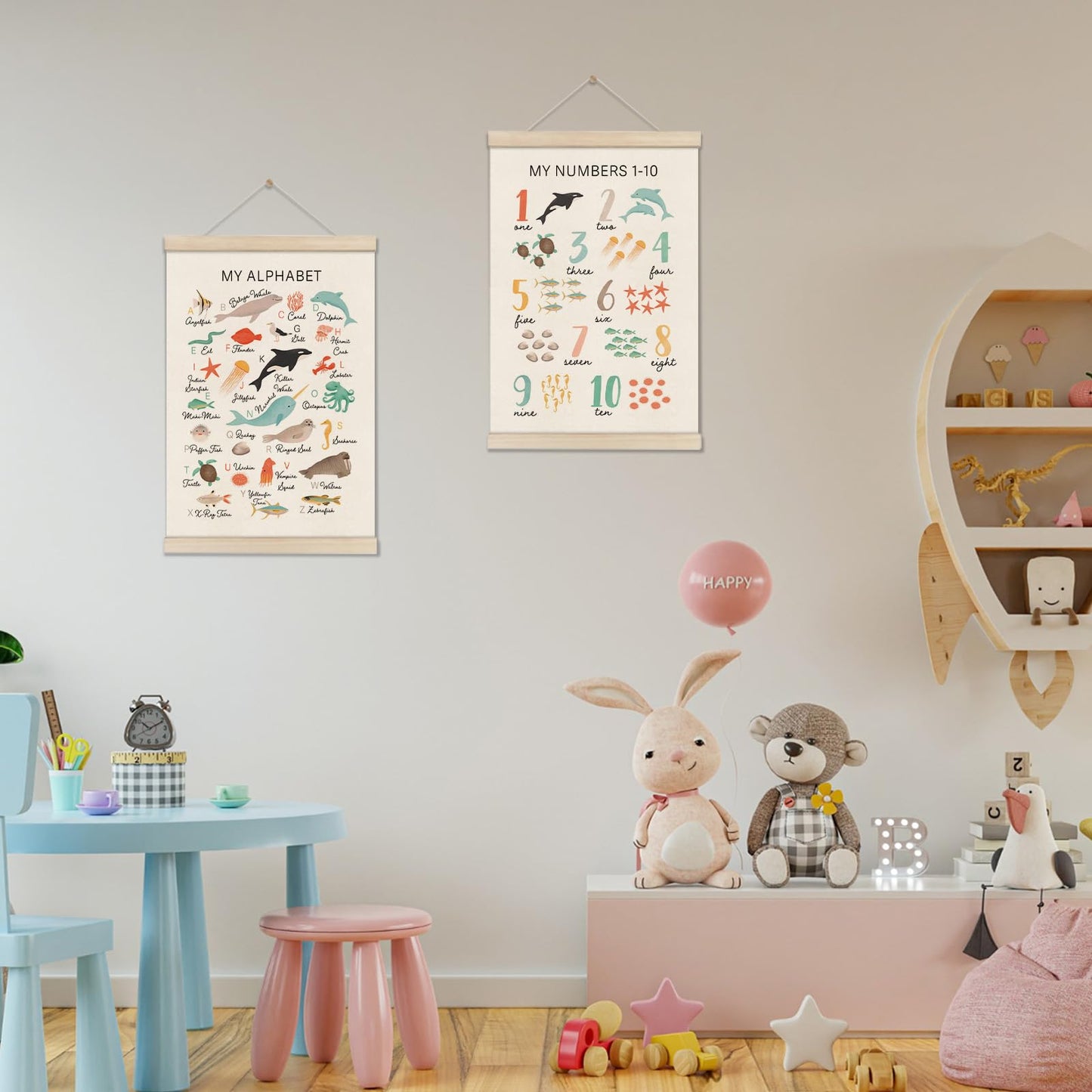 DOI-LANEE Alphabet Numbers Poster Hanger Frame, Kids Educational Posters 16x12 Inch, Set of 2 Ocean Room Decor, Alphabet Chart for Preschool Classroom, Montessori ABC Learning, Sea Life Decor