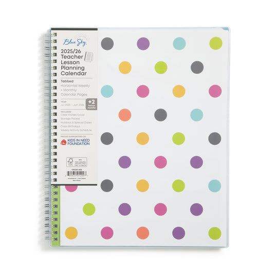 Blue Sky 2025-2026 Weekly and Monthly Academic Year Teacher Lesson Planner Calendar, July 2025 - June 2026, 8.5" x 11", Flexible Cover, Wirebound, Laminated Tabs, Storage Pocket, Dots
