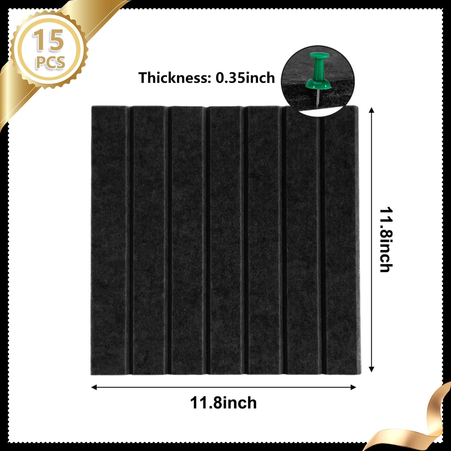 15 Pack Felt Bulletin Board, 35" x 59" Large Black Pinboard with 30 Push Pins, Felt Pin Board, Self-Adhesive Cork Board Tiles for Home, Office Walls, School Classroom Message Photos Display