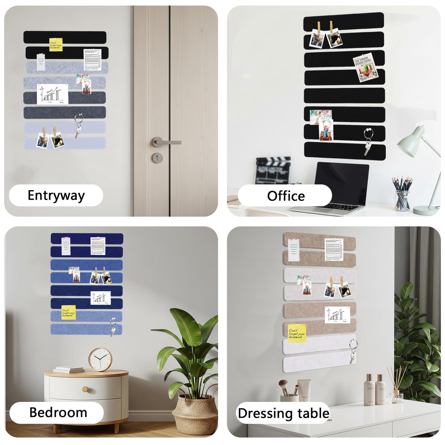 Vuzvuv 8 pcs Bulletin Board Bar Strips No Adhesive Backing with Glue Points ，Self Adhesive Cork Board for Wall，Felt Pin Board for School，Office Decor(Black)