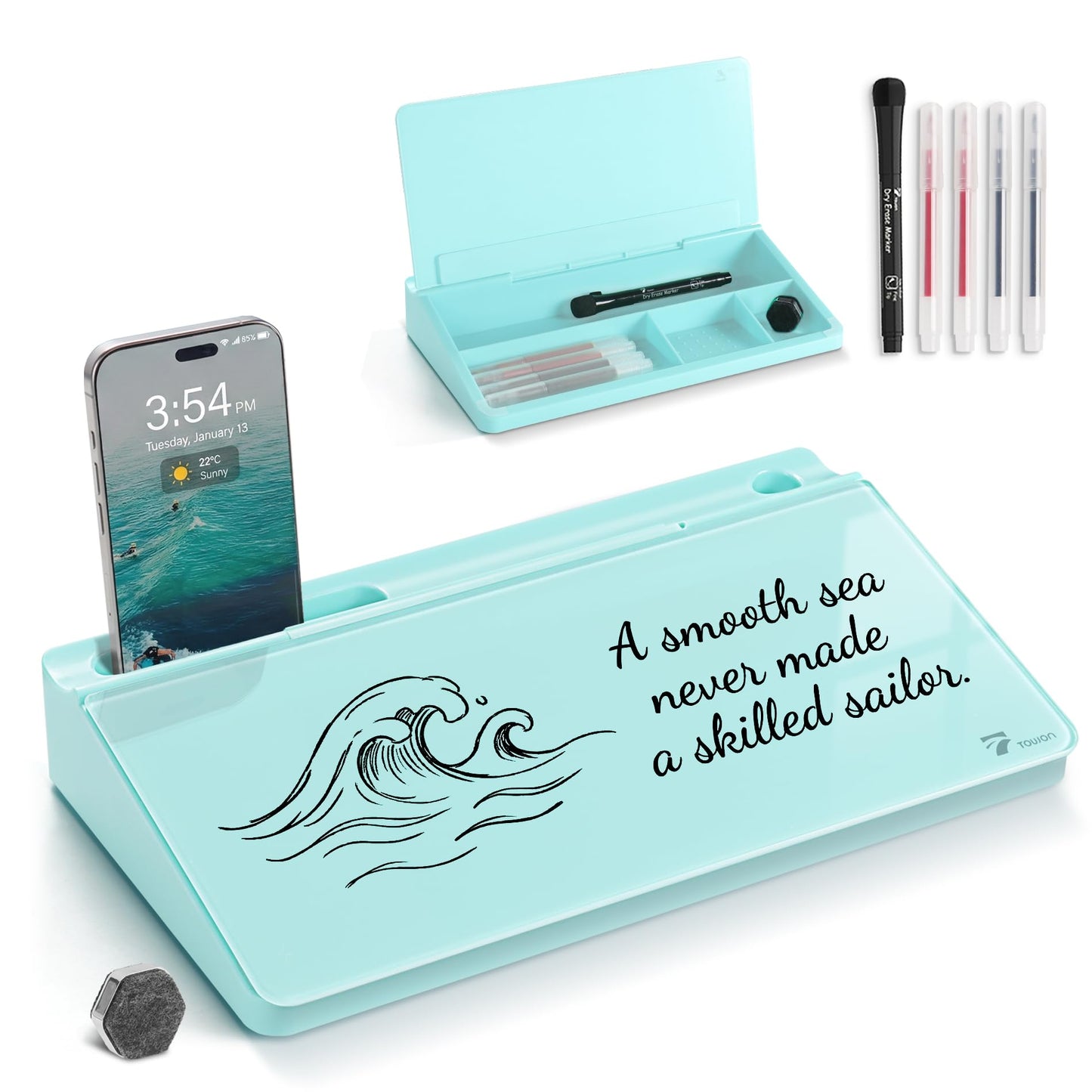 TOWON Small Compact Glass Desktop Whiteboard with Storage – 12 x 7 in Dry Erase Board for Desk, Home Office, School | Includes 5 Markers, Eraser & Holder | Space-Saving Organizer, Aesthetic Teal Blue