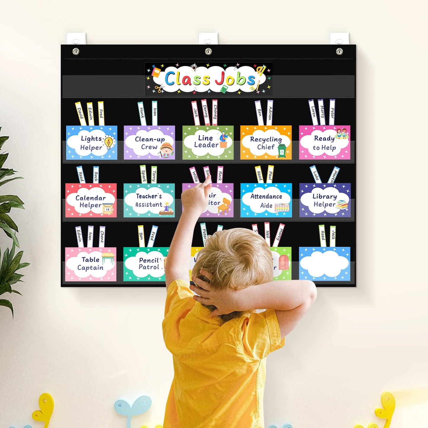 REGELETO Class Jobs Pocket Chart with 70 Colorful Dry Erase Cards and 3 Hooks,Class Management Educational Pocket Chart Teacher's Helper Size: 24.5”x21.8”inch Bulletin Board for Classroom (Black)