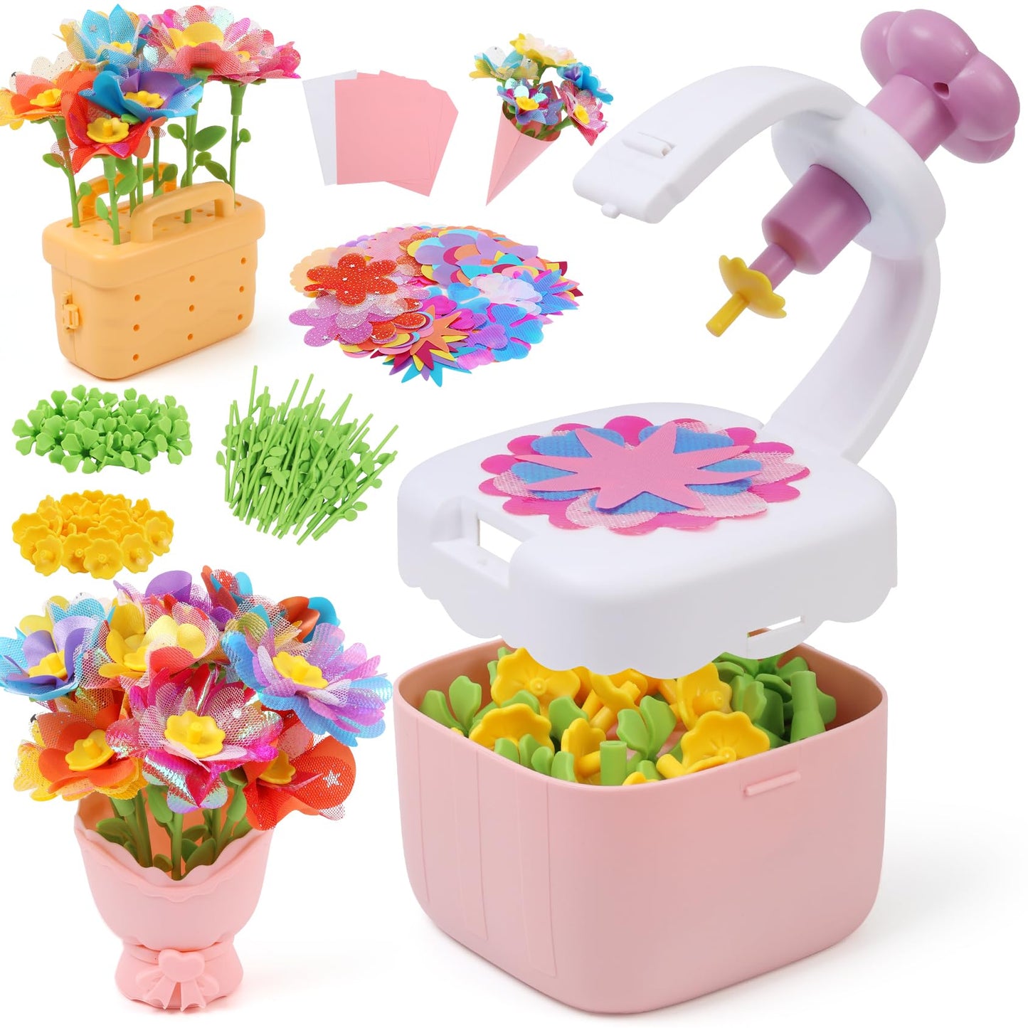 IQKidz Flower Bouquets Toy for Girls, DIY Arts and Crafts Kits for Kids Ages 4-6 6-8, STEM Flower Making Set with Storage Box & Basket, Birthday Gift for Age 5-7 8-10 Years Old