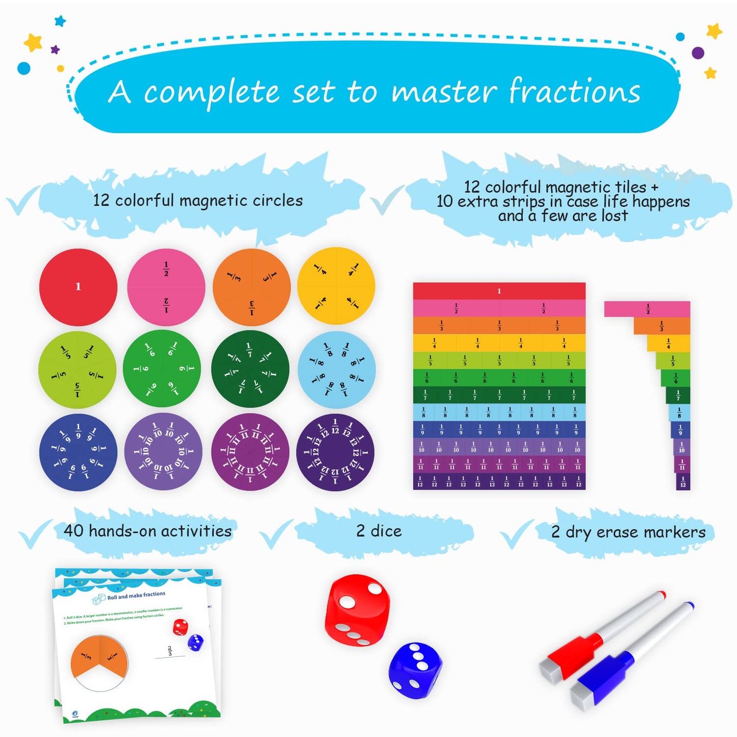 Simply magic 166 PCS Magnetic Fractions Activities Class Set & 140+1 PCS Colorful Base Ten Blocks & Activities Set for Math