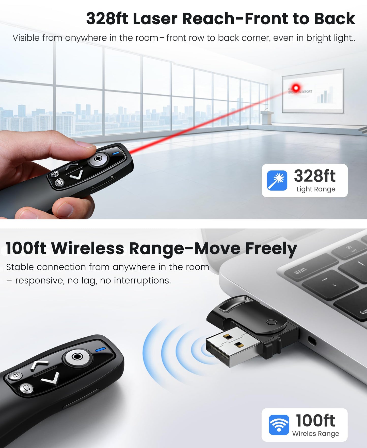 Presentation Clicker with USB-A & USB-C Receiver, 2.4GHz Wireless Presenter Remote with Volume Control & Red Light Pointer, Clicker for PowerPoint Slides Slide Advancer for Mac Computer, Plug & Play