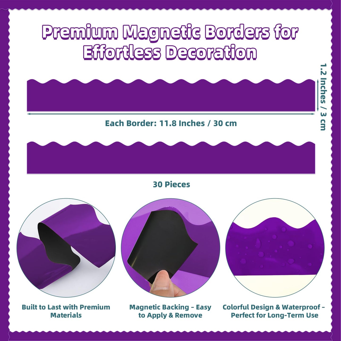 30 Pcs Magnetic Borders for Classroom Whiteboard - Dark Purple Magnetic Bulletin Board Border Set - Scalloped Chalkboard Border Strips for Teachers, Parents, DIY Home,School & Office Decoration