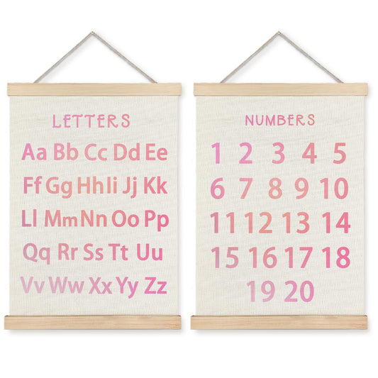 Supwhd Classroom Wall Decor, Numbers and Alphabet Educational Wall Art Poster, Alphabet ABC Numbers from 1 to 20 Poster Wall Decor for Toddler Kids Room Playroom Classroom, 12x16 Set of 2（Pink）