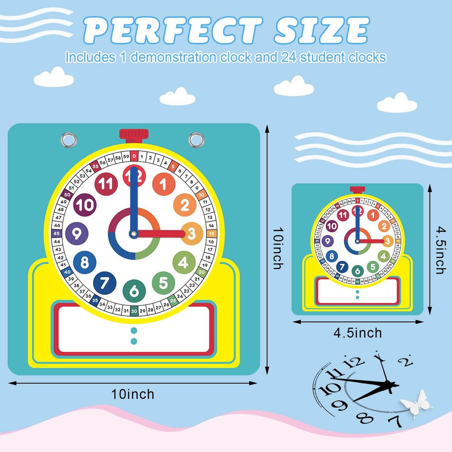 Junkin 25 Pcs Teaching Clock Kit, Learning Clocks for Kids Learning Time with Erasable Surface for Home School Classroom Supplies(Vivid Style)