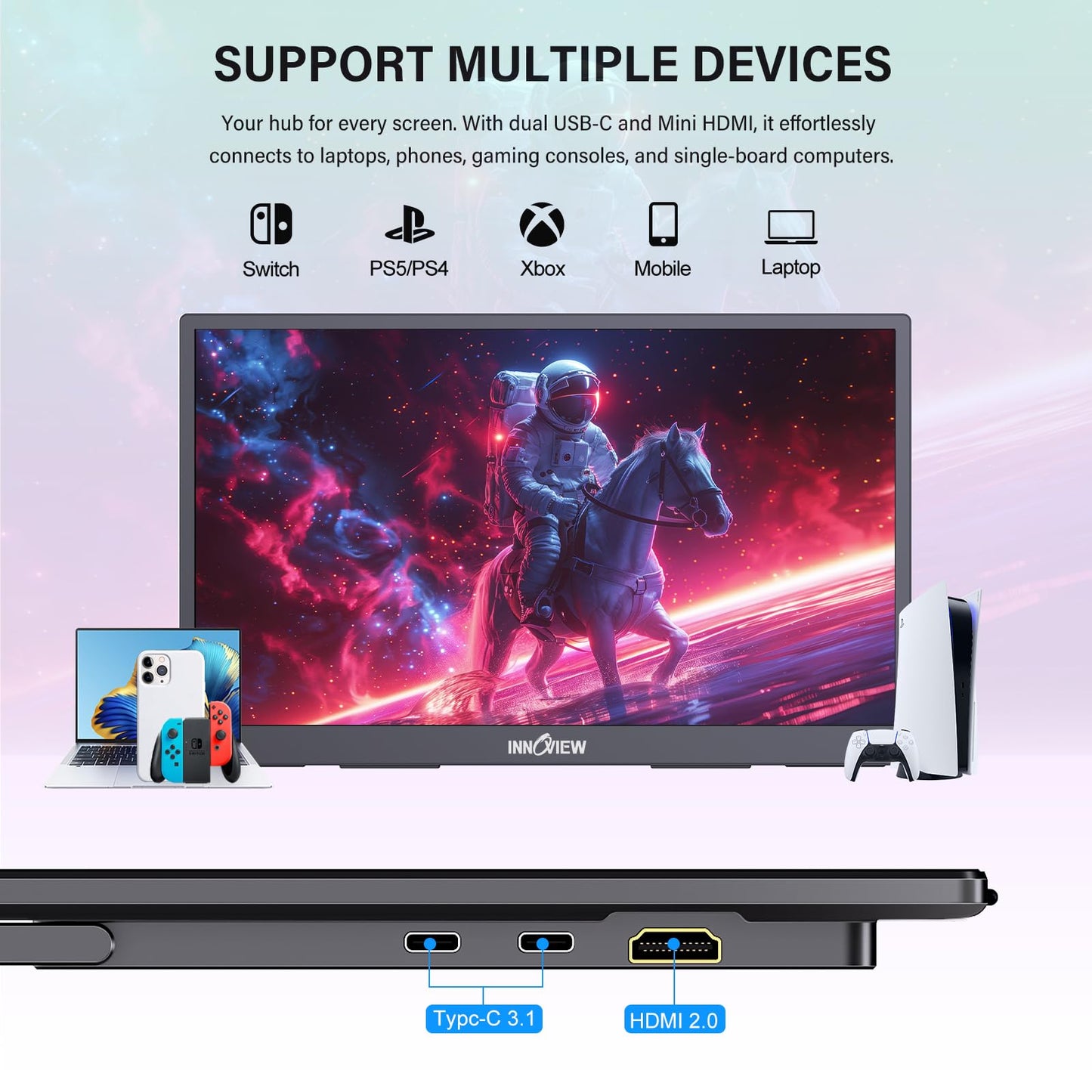InnoView 4K Portable Monitor 18.5" 3840x2160 UHD USB-C HDMI for Laptop, 400 nits IPS Computer Gaming Display HDR Travel Monitor with W/180°Adjustable Stand for Desktop Mac Phones Tablet PS5/4 Switch