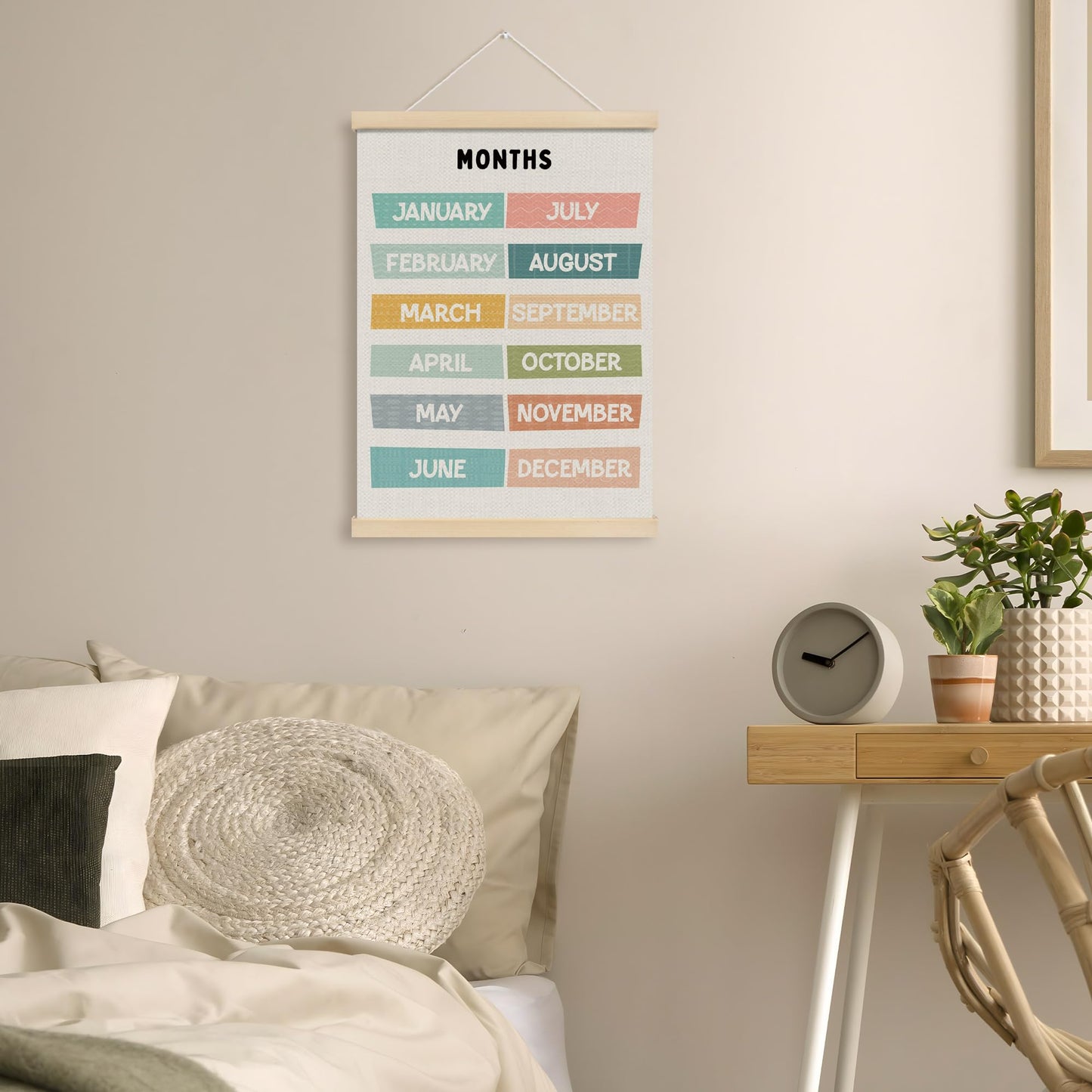 MOTERMATE Months of The Year Wall Art Poster for Classroom, Boho Toddler Room Decor, Learning Educational Canvas Poster Hanger Frame for Toddlers Classroom, Playroom Wall Hanging Banner Decor, 12x16In