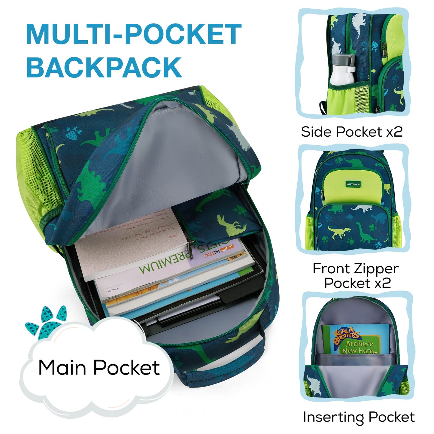 mommore Kids Backpack for Boys, Toddler Backpack for Preschool Kindergarten Elementary Lightweight Bookbag for Students with Lunch Box (3PCS, Dinosaur Green)