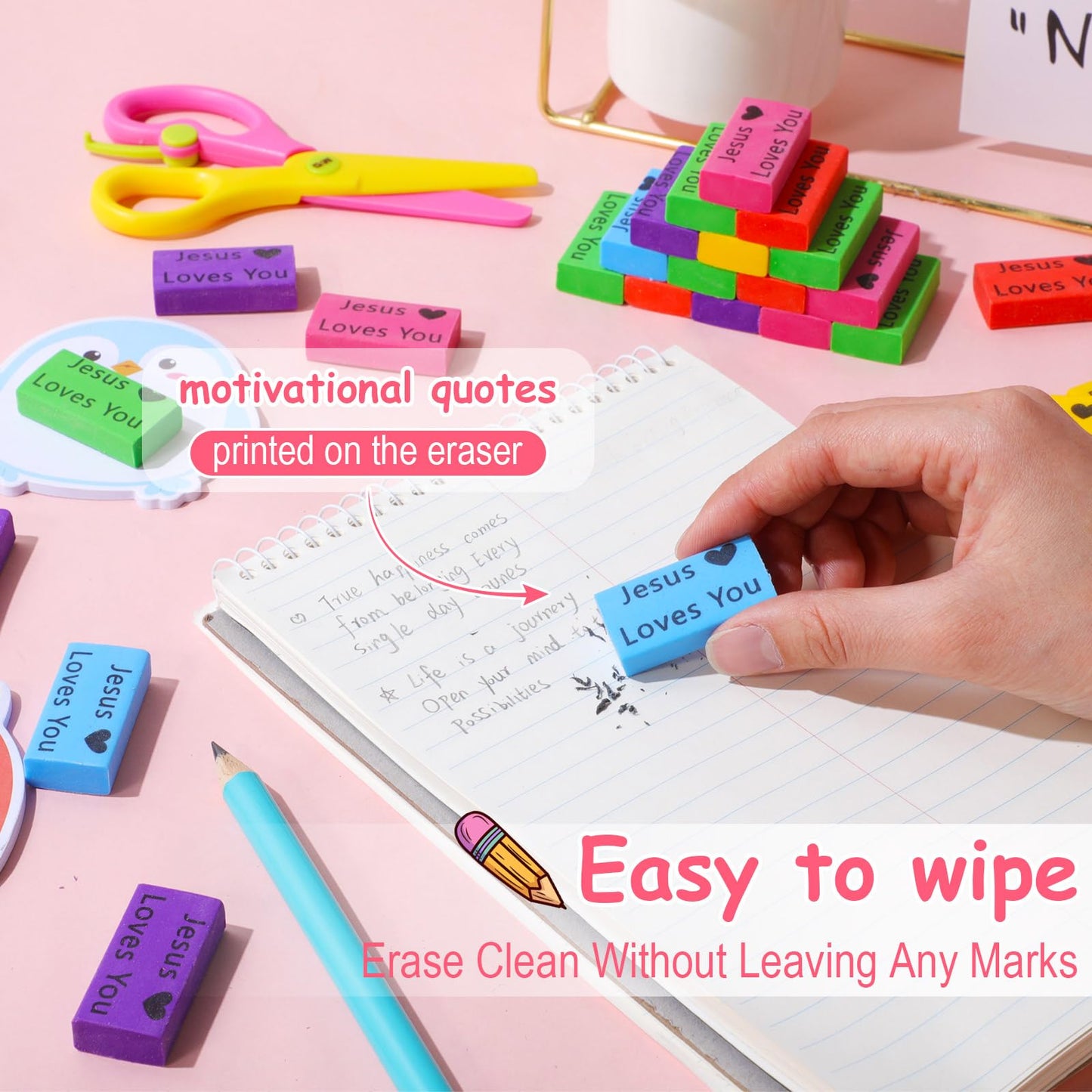 Resurhang 180 Pcs Erasers Bulk for Kids Inspirational Pencil Erasers Bulk for Drawing Motivational Big Eraser School Supplies for Classrooms Back to School Office (Jesus Loves You,Multicolor)