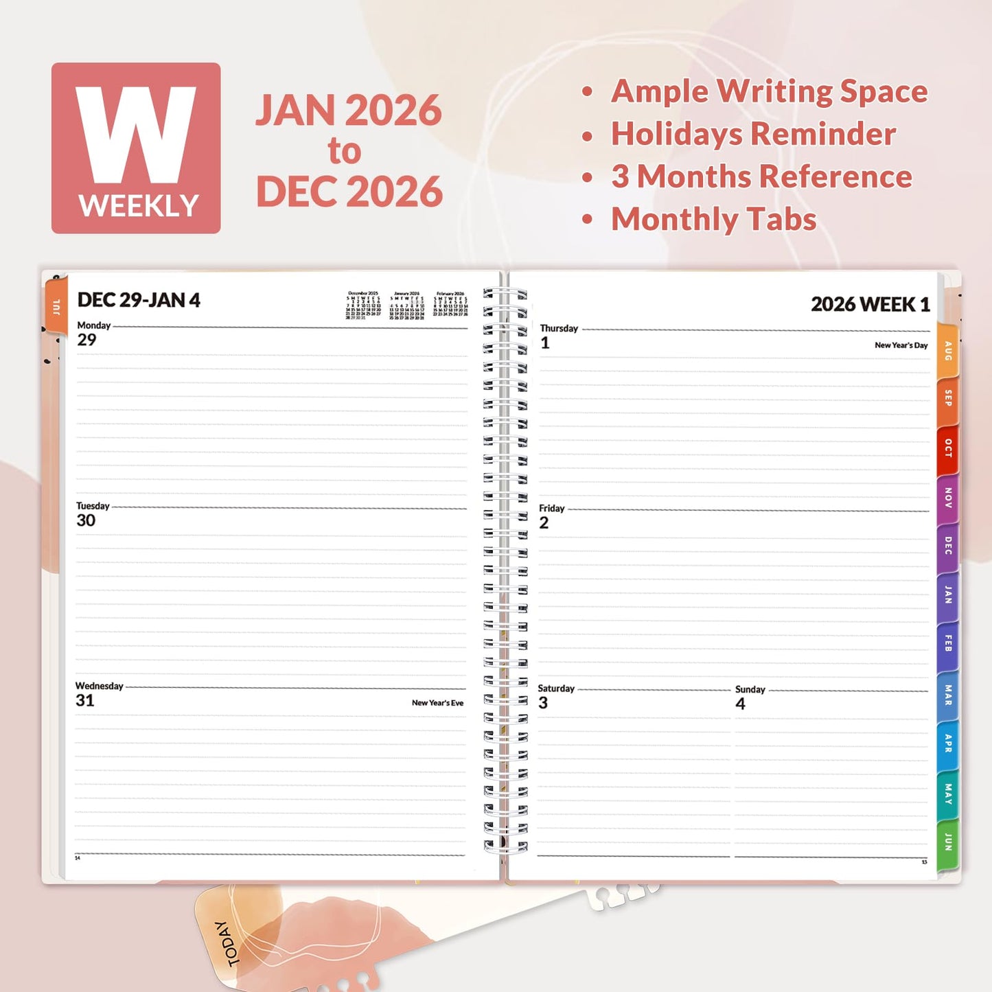 SUNEE 2026 Weekly and Monthly Planner - from January 2026 - December 2026, Daily Agenda Planner with Monthly Tab, Flexible Cover, Note Pages, Pockets, Bookmark, Spiral Binding, Pink Breeze, 8.5"x11"