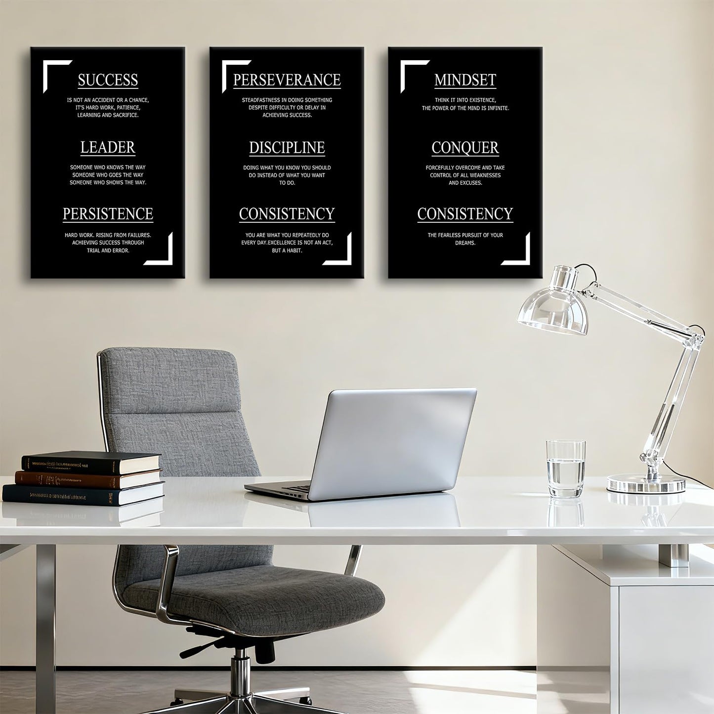YSPCSUN Triptych Wall Decor Inspirational Posters for Office, Black White Discipline Consistency Quote 3 Panel Canvas Prints for Home Office Dorm Classroom, 48x24 Inch Display