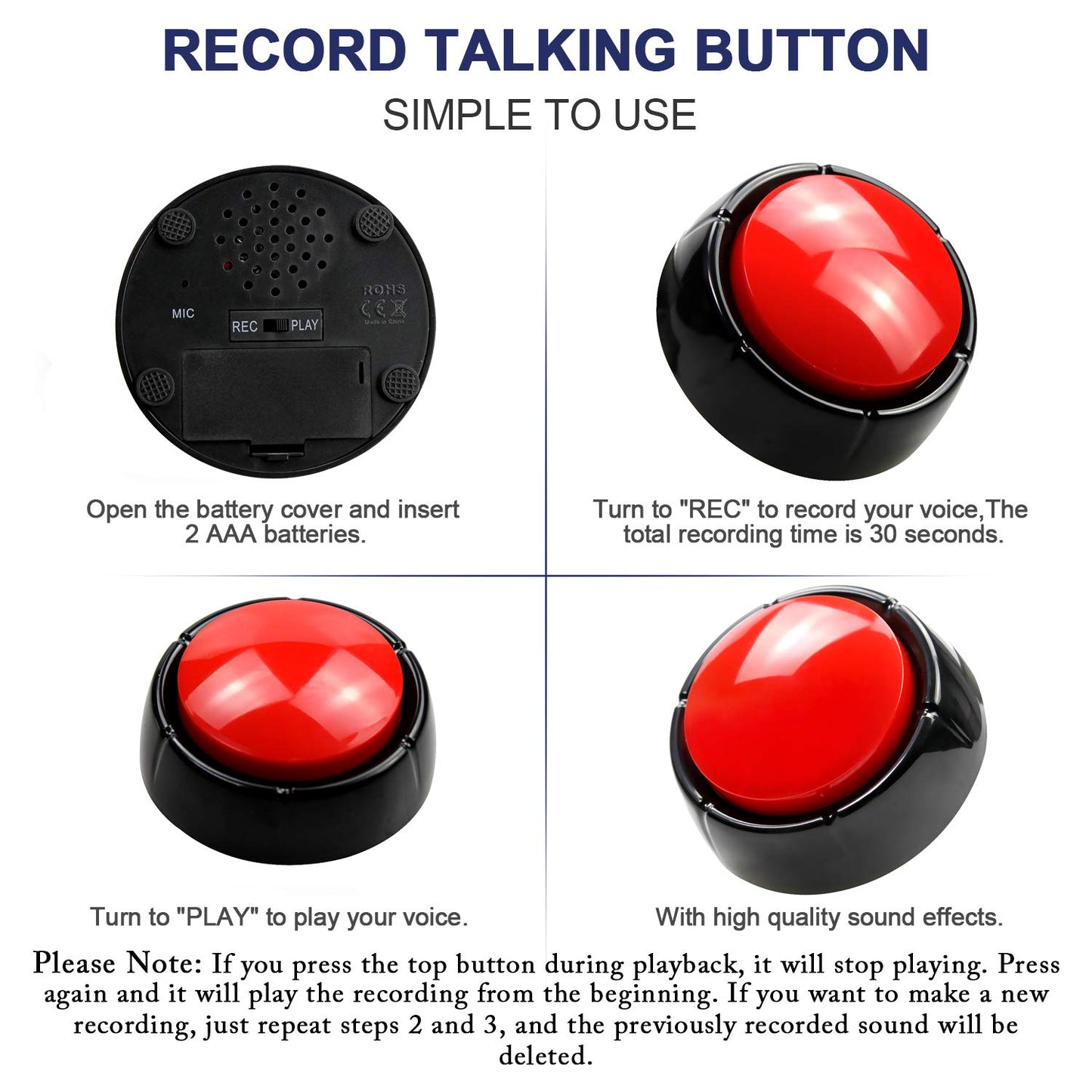 Record Talking Button Pet Button Easy Button Sound Button Recordable Button, 30 Seconds Dog Training BuzzerTalking Button Office Desk Gag Gift