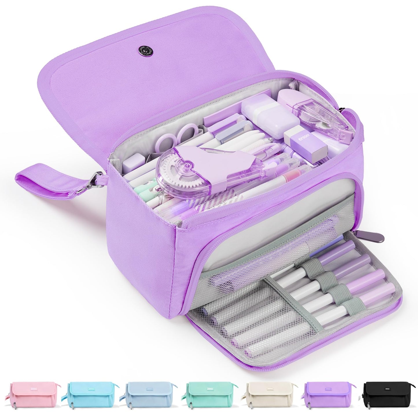 Sooez Super Large Pencil Case, Big Capacity Pencil Bag with 3 Compartments, can hold 100 pencils, Cute Pencil Pouch with Zipper, Portable Stationery Pen Bag, School Supplies For Teen Girls, Purple