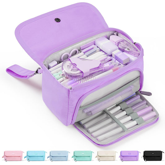 Sooez Super Large Pencil Case, Big Capacity Pencil Bag with 3 Compartments, can hold 100 pencils, Cute Pencil Pouch with Zipper, Portable Stationery Pen Bag, School Supplies For Teen Girls, Purple