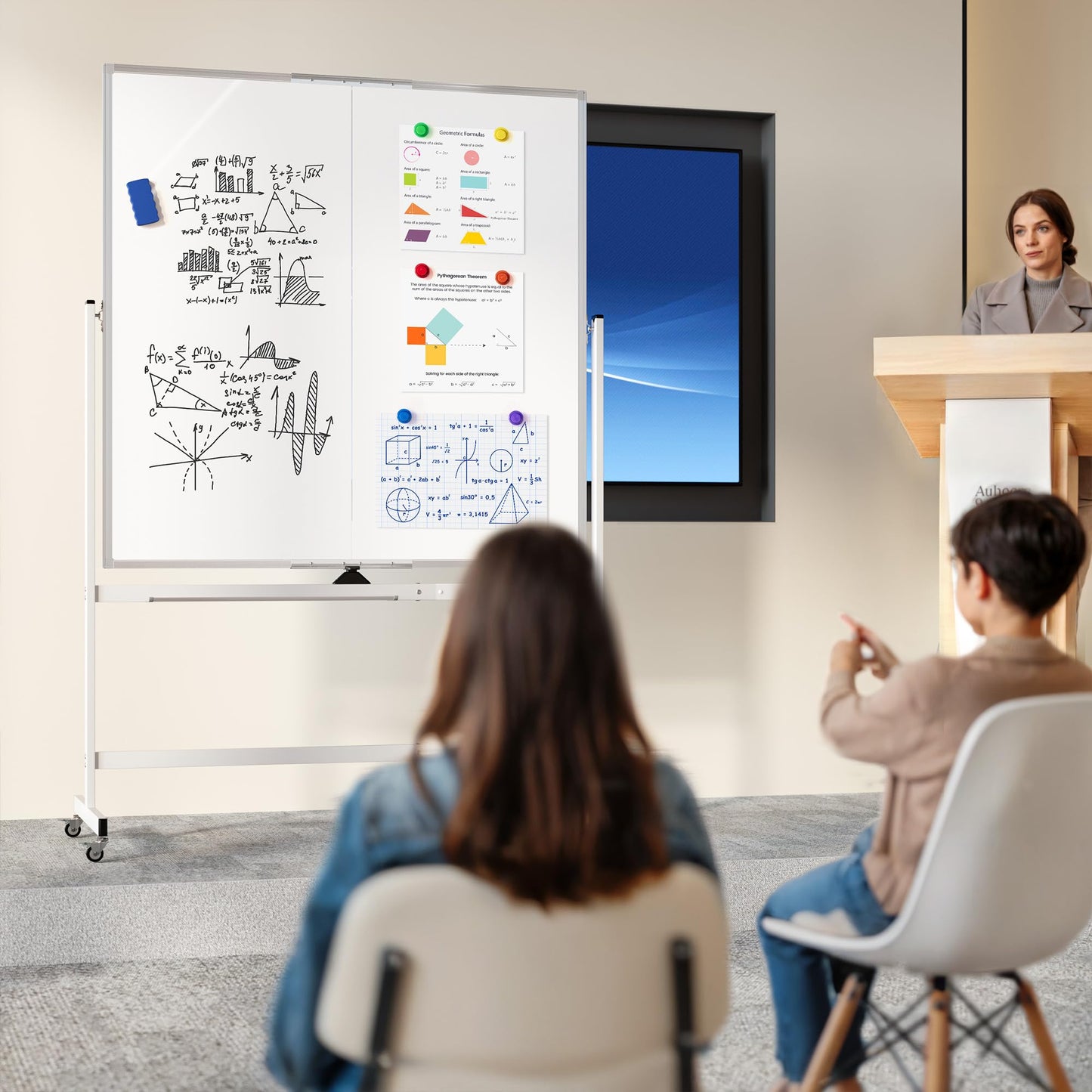 Large Rolling Whiteboard on Wheels, 48" x 48" Double-Sided Mobile White Board with Stand, 4' x 4' Portable Standing Magnetic Dry Erase Board Easel for Home Office Classroom School, Silver