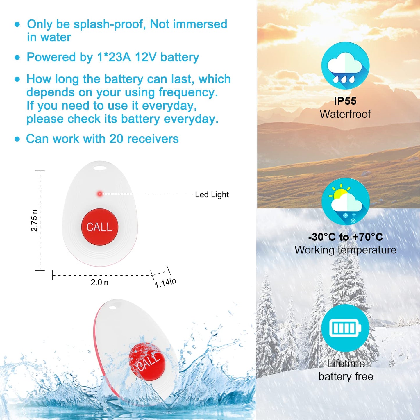 CallToU Wireless Caregiver Pager Call Button for Hard of Hearing 500FT Emergency Alert System Waterproof Call Bell for Elderly at Home/Elderly/Patients/Disabled (CCVB 4-2)