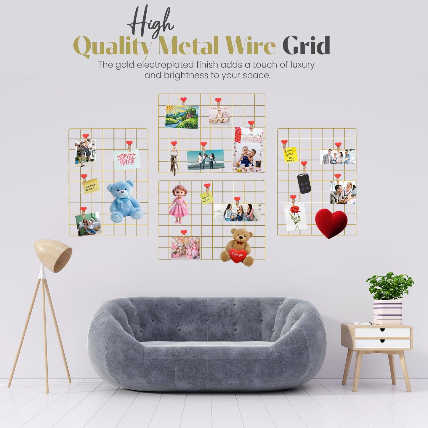 CIKLCIX Wire Grid Wall Panel for Photo Display, 2 Pack Metal Wire Memo Board, Decorative Grid Frame Wall for Hanging Pictures, Notes, Postcards, Small Ornaments (2, Gold)