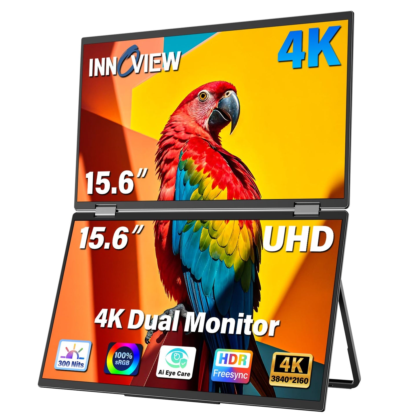 InnoView Portable Dual Monitor 15.6" 3840x2160P 4K 100% sRGB | Owl Eye Vision - Foldable Design with 315° Screen Adjustment, 180° Stand | DP/USB-C/HDMI, Dual Screen Extender for Laptop, Mac, Windows