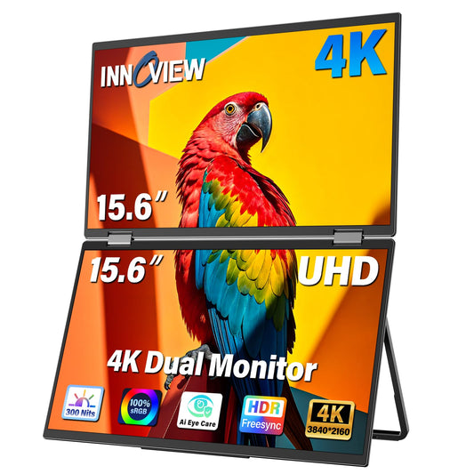 InnoView Portable Dual Monitor 15.6" 3840x2160P 4K 100% sRGB | Owl Eye Vision - Foldable Design with 315° Screen Adjustment, 180° Stand | DP/USB-C/HDMI, Dual Screen Extender for Laptop, Mac, Windows