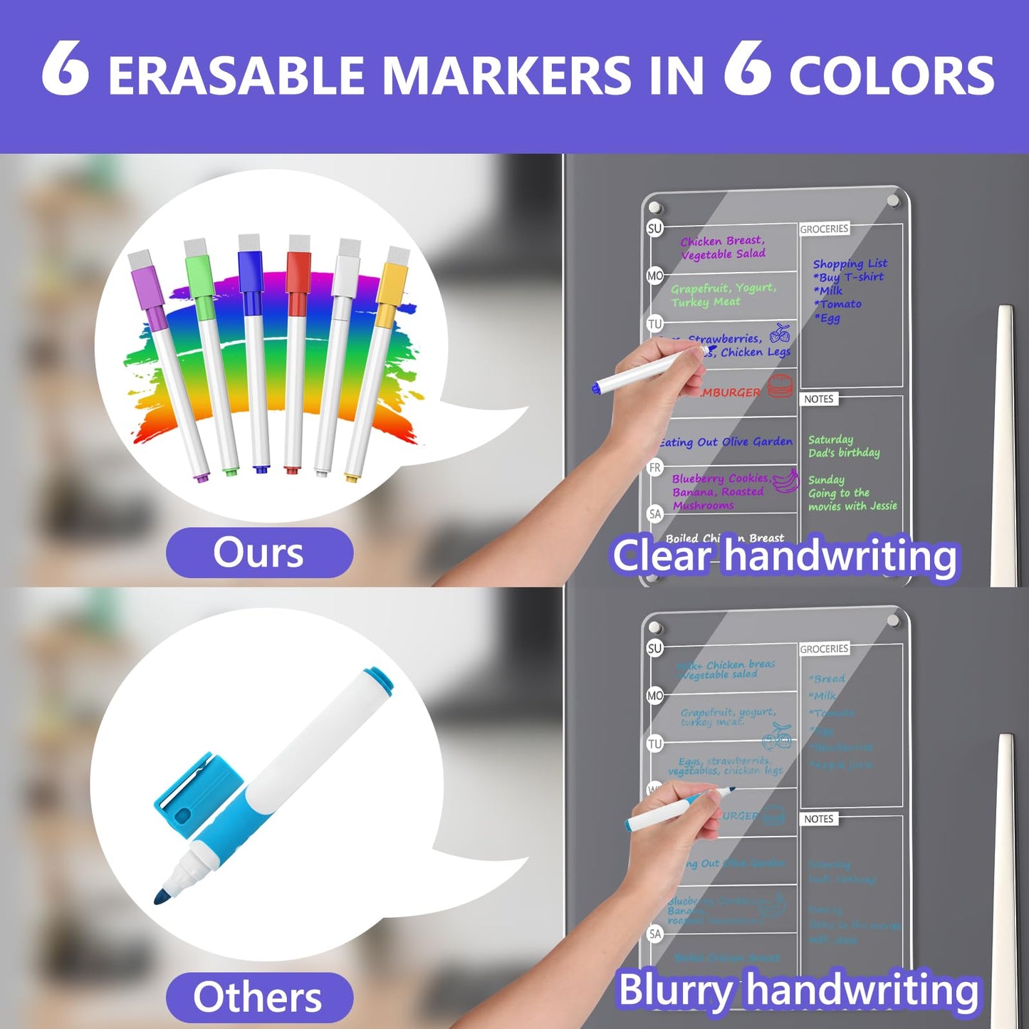Acrylic Meal Planner Magnetic Menu Board for Kitchen Fridge, 13"x9" Clear Weekly Calendar Planning Board Noteboard Refrigerator Dry Erase Board to Do/Grocery/Shopping Lis Includes 6 Markers