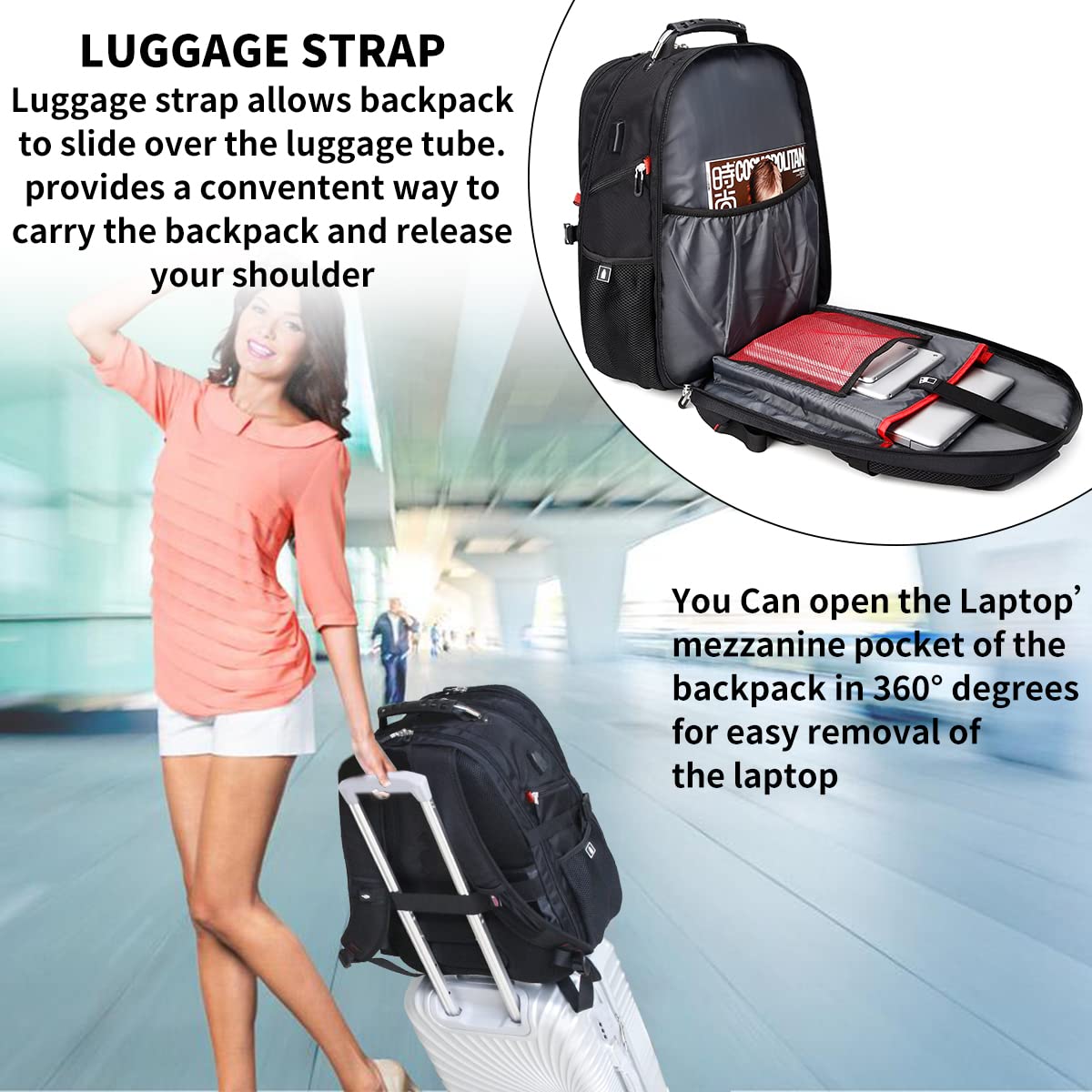 SHRRADOO Extra Large 50L Travel Laptop Backpack with combination lock, College Backpack Airline Approved Business Work Bag Fit 17 Inch Laptops for Men Women,Black