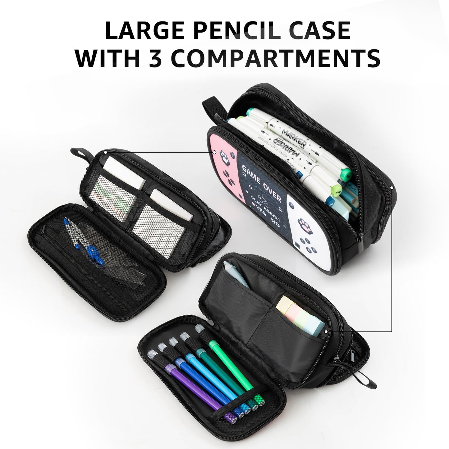 Easozoom Large Game Controller Pencil Case for Teen Girl Kid Capacity Pen Box Pouch Organizer Holder Bag with 3 Compartments & Zipper School College Office Supplies (1PCS Pencil Case) (Pink&White)