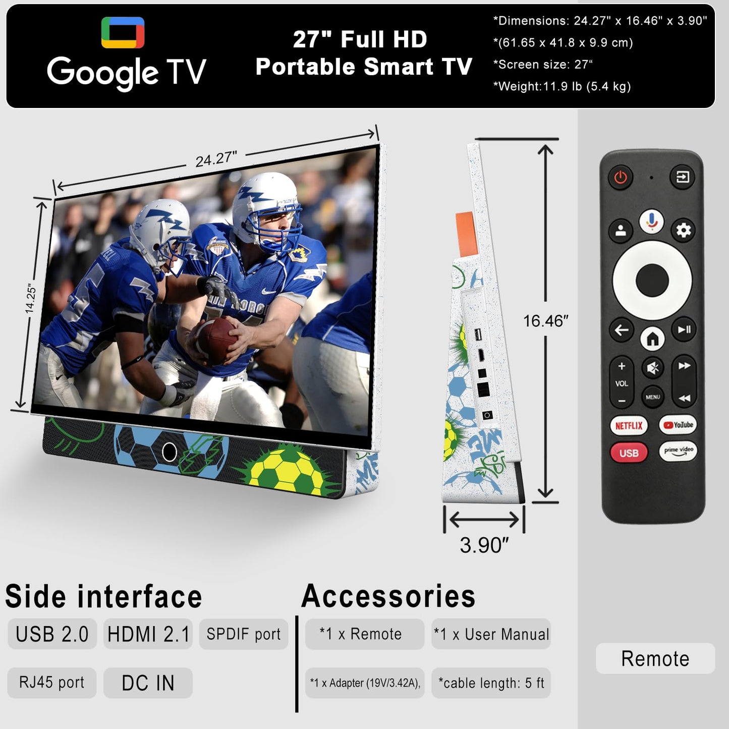27 Inch Portable Smart TV with Built-in Battery, 1080P FHD Outdoor TV for RV & Camping, HDR10, Dolby Audio, WiFi, Voice Remote, Portable TV for Travel, Bedroom, Game Day & Outdoor Entertainment