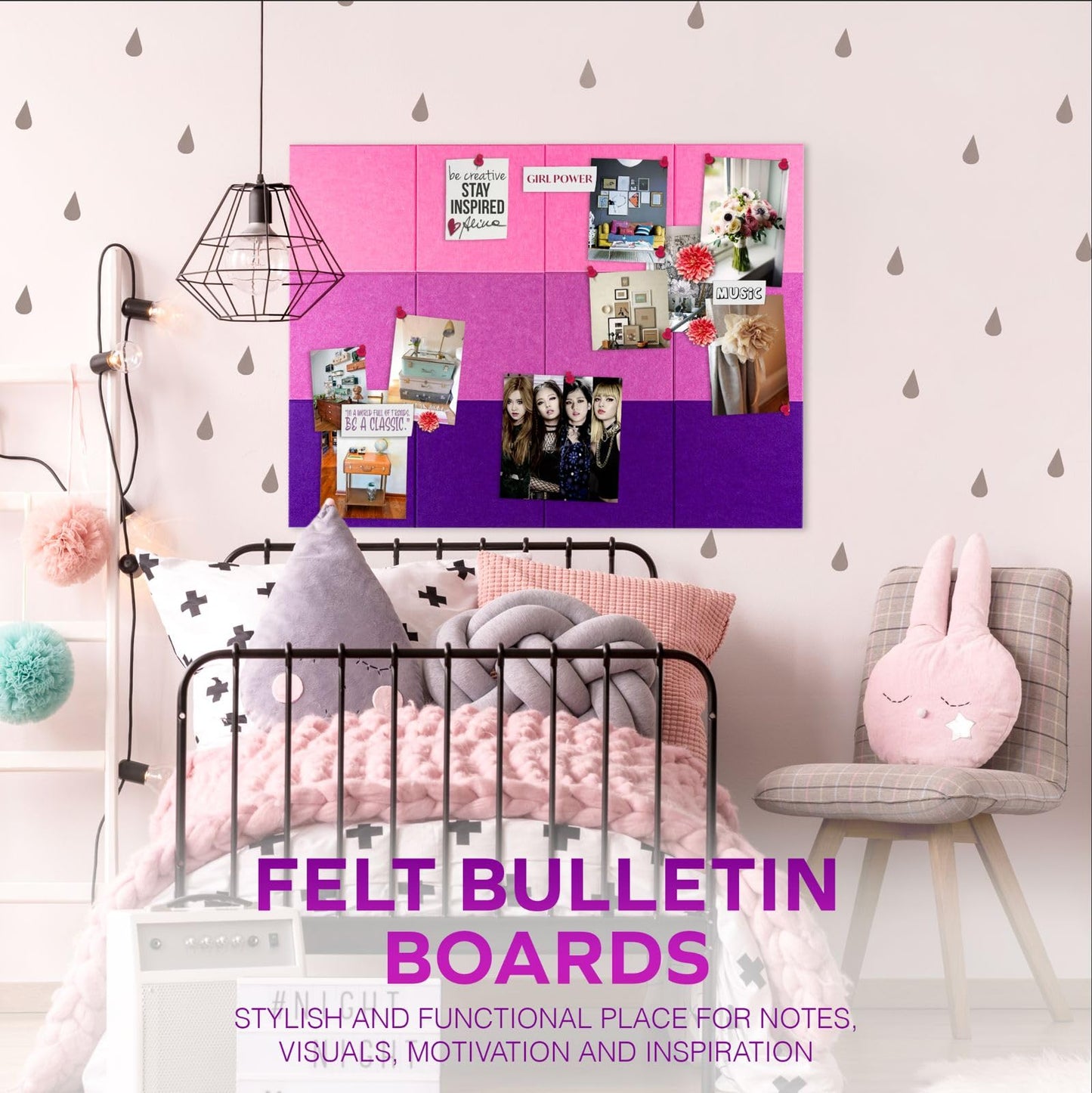 Large CorkBoard - 48x36 inches, 12 Felt Board Tiles with Removable Adhesive Tape Cork Boards for Walls Cork Board for Office Pin Board Bulletin Board (30x30, Magenta Ombre Collection)