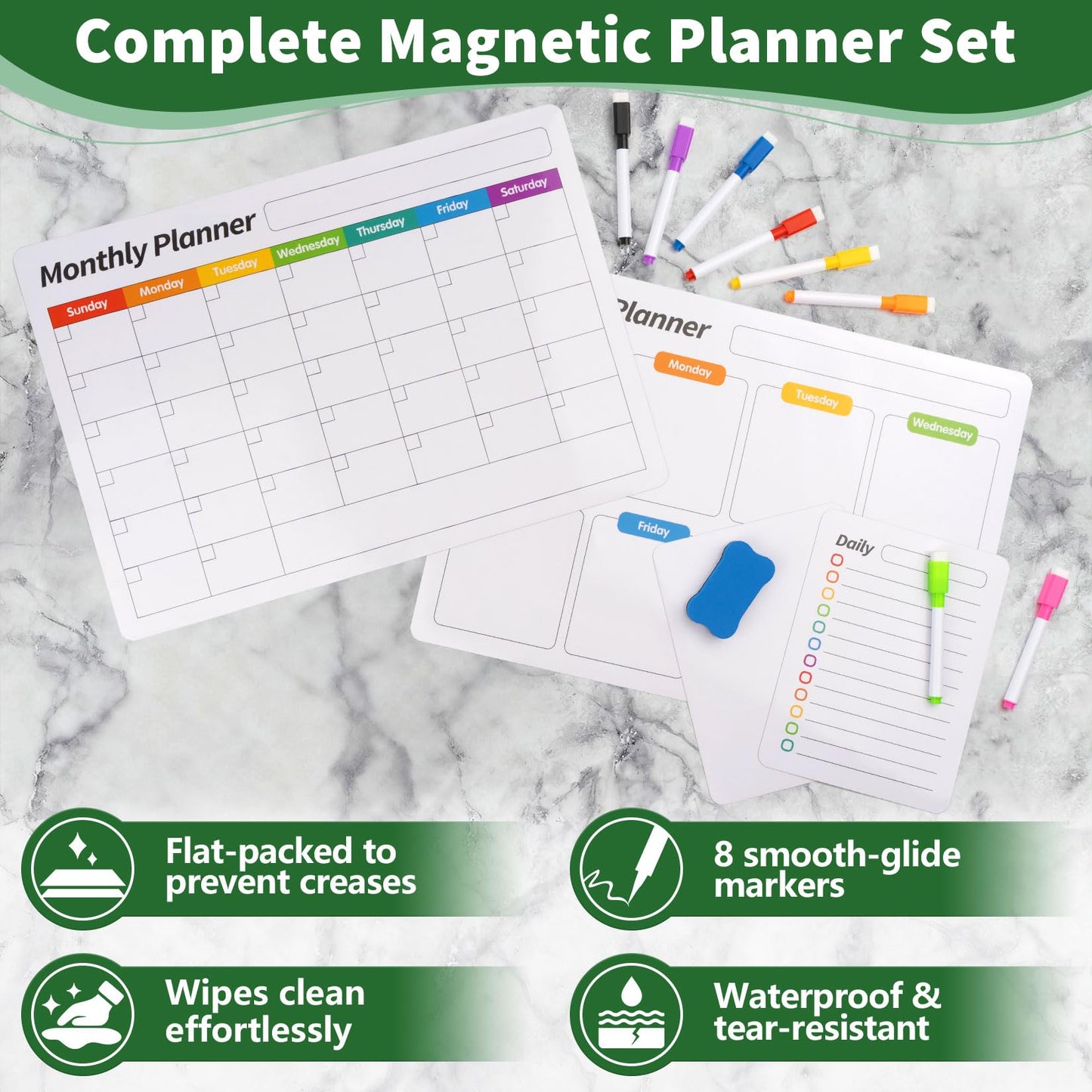 FINDMAG 4 Pack Magnetic Whiteboard for Fridge, 16.5"x11.8" Magnetic Calendar for Planner 2026, Kitchen White Board, Fridge Calendar for Cleaning Schedule and Checklist(1 Eraser, 8 Markers)