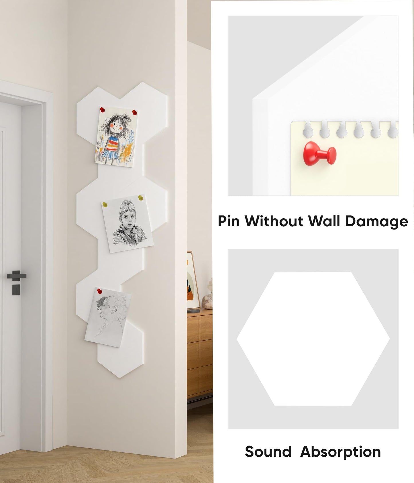Toptople 12 Inch Large Hexagon Cork Board for Walls, 8 Pack Felt Bulletin Board Tiles, Pin Board with Push Pins for Office Photo and Note, White