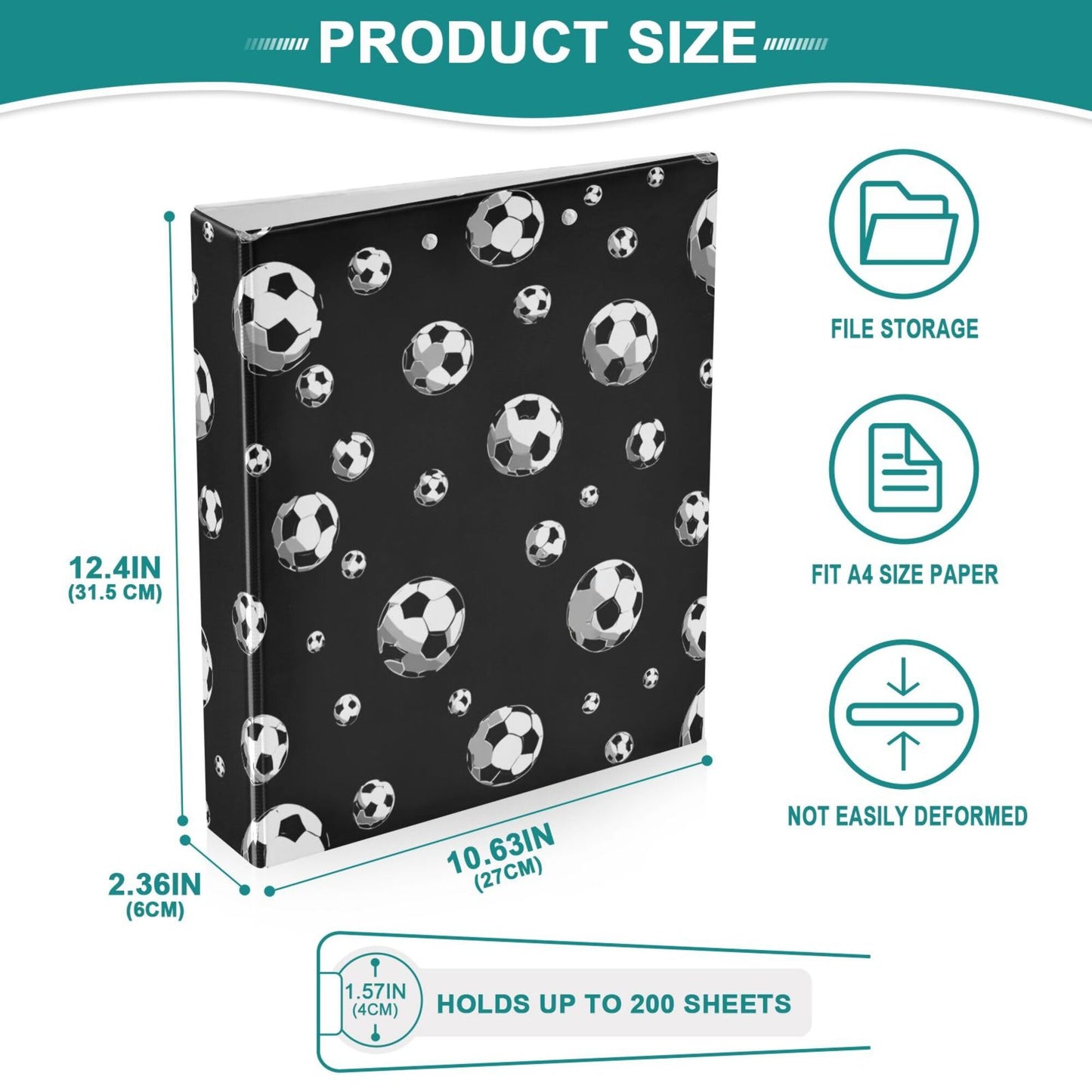 Football Black Round Ring Binders 1.5 Inch Soccer Sports Balls 3 Ring Clipboard Binder for Office School Work Supplies File Folder 200 Sheet Capacity