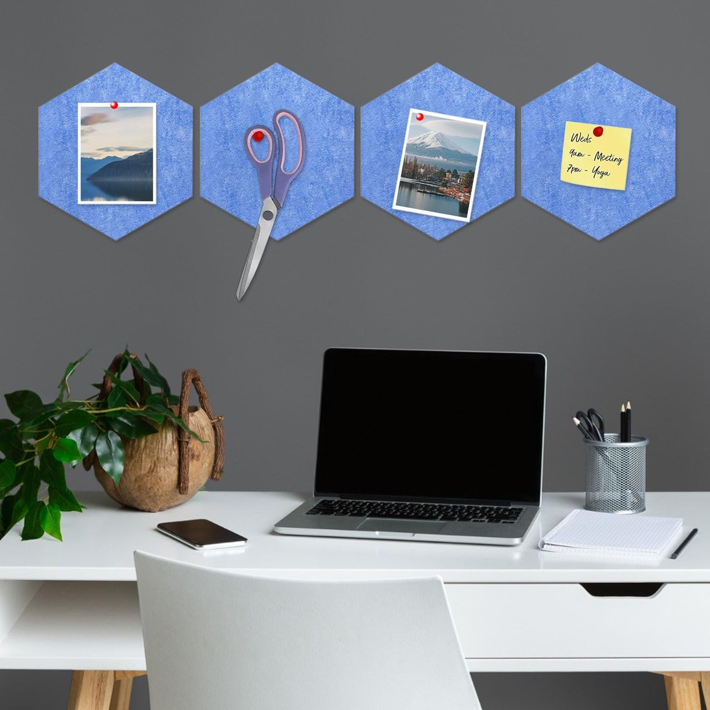 8 Packs Sky Blue Hexagon Felt Pin Board, 12" Bulletin Board with 30 Push Pins, Felt Board for Home Kitchen Office Decor, Self-Adhesive Corkboard Tiles for Walls Message Photos Memos Display