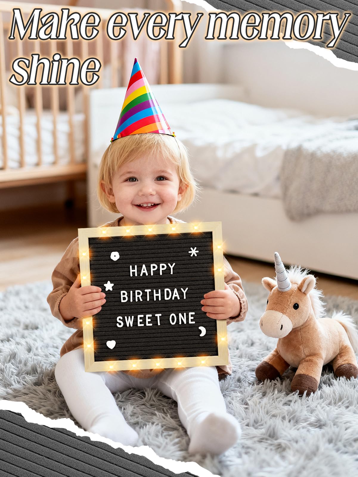 Felt Letter Board with LED Lights - 10 ×10" Custom Message Board with Changeable Letters & Stand, First Day of School Sign/Graduation/Pregnancy/Baby Announcement/Wedding/Classroom Decor, Black