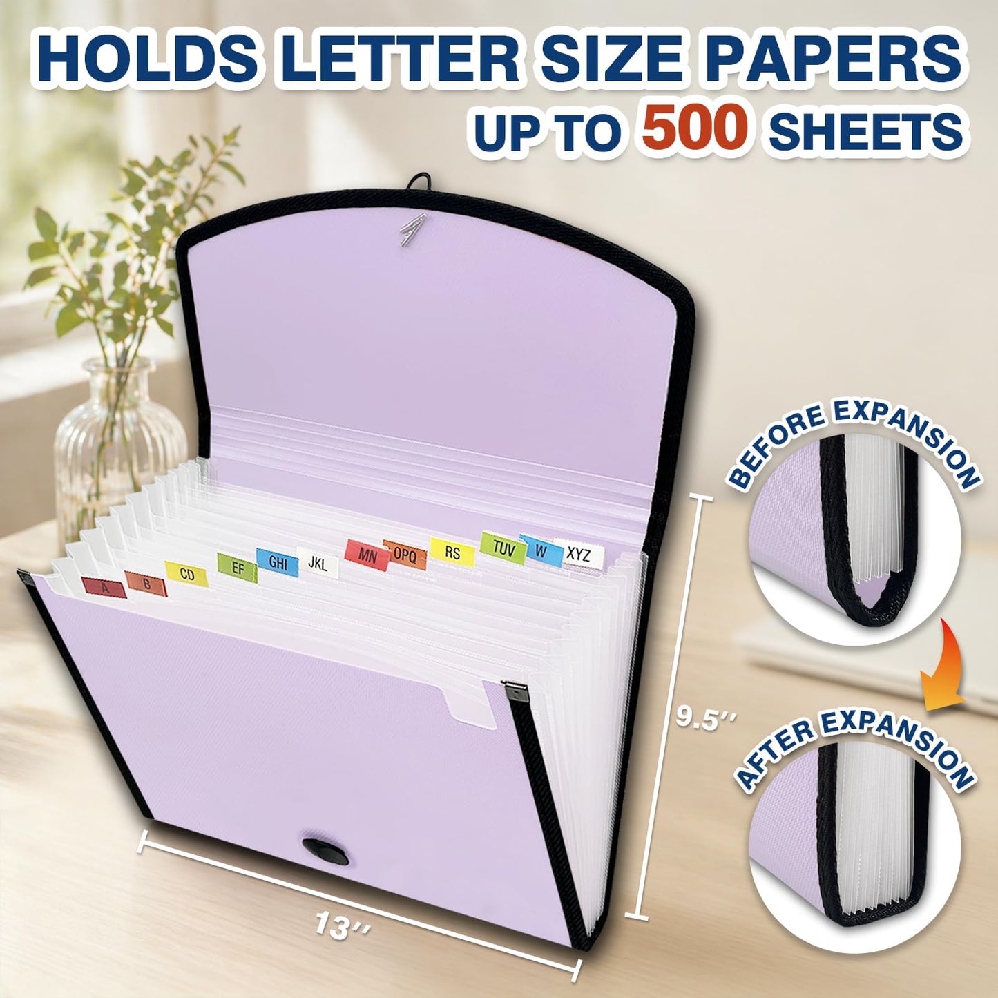 H4D 13-Pocket Accordion File Organizer with Mesh Pocket, Expanding File Folder with Tabs, Expandable Document Organizer for Home Office School, Letter Size, Pale Lilac