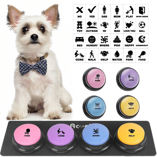 Acools Dog Buttons for Communication, 4 Dog Talking Button Set, Speaking Buttons for Cats and Dogs, 30s Voice Recordable Pet Training Buzzer with Waterproof Dog Activity Mat and 48 Scene Stickers