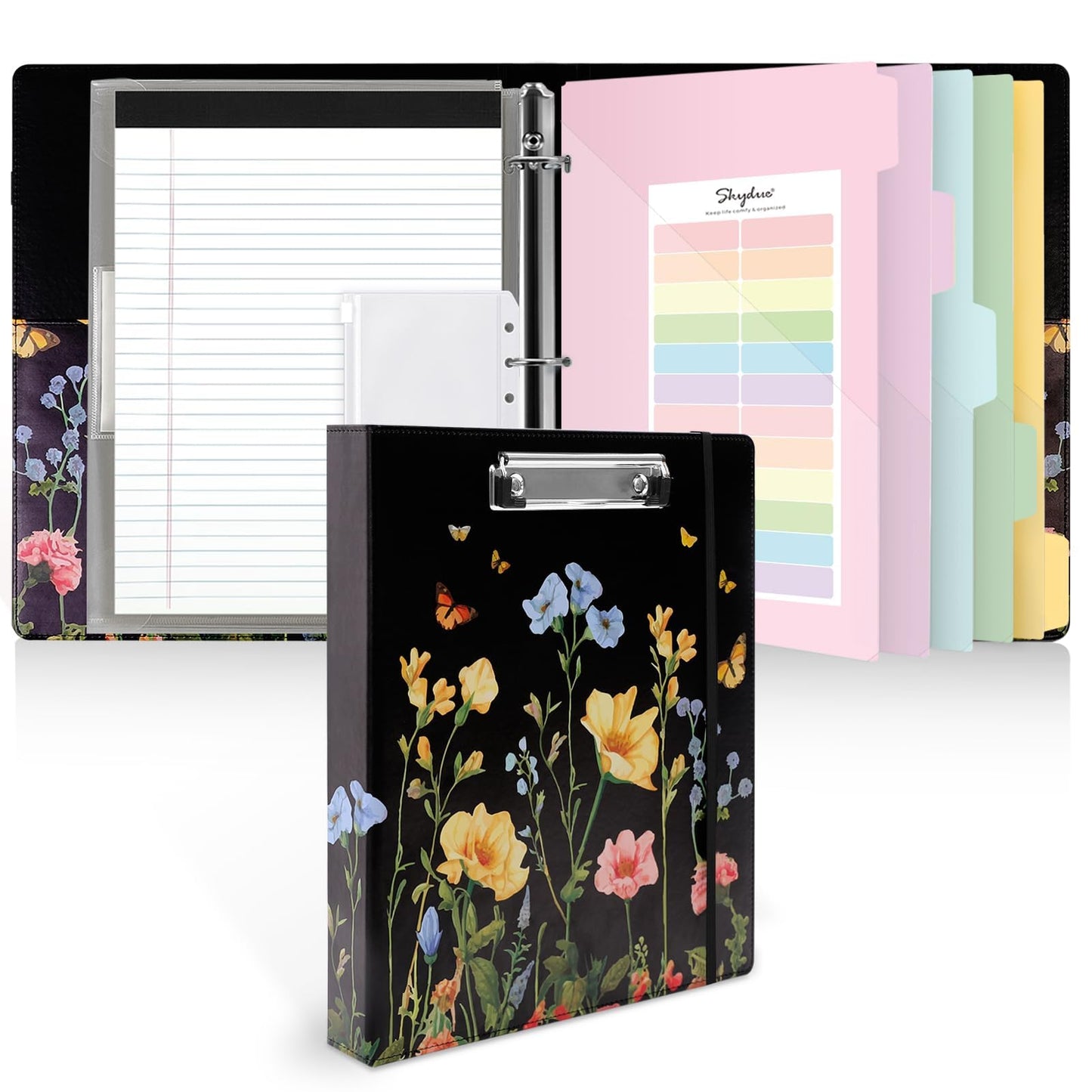SKYDUE 1 Inch 3-Ring Binder with Clipboard, PU Aesthetic Binder with 5 Dividers, Notepad, Stickers & Pockets for Work and School (Letter Size)