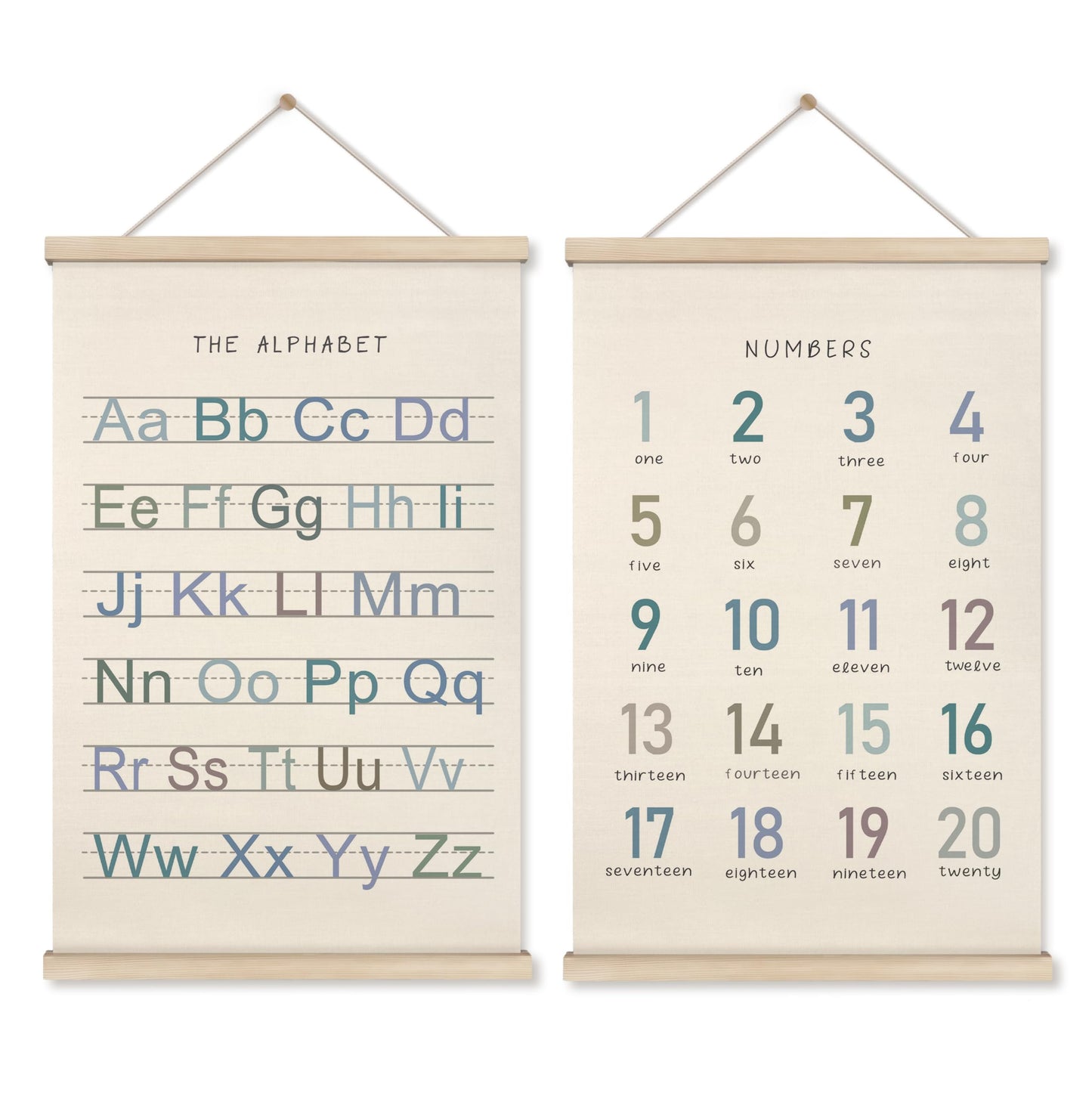 HRQKO Alphabet Numbers Poster Hanger Frame Set of 2, Nursery Wall Decor, Boho ABC Poster Wall Art with Wooden Frames, Alphabet Banner Wall Hanging Decor for Boy Toddler Room Playroom, 16x24 inch