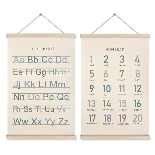 HRQKO Alphabet Numbers Poster Hanger Frame Set of 2, Nursery Wall Decor, Boho ABC Poster Wall Art with Wooden Frames, Alphabet Banner Wall Hanging Decor for Boy Toddler Room Playroom, 16x24 inch