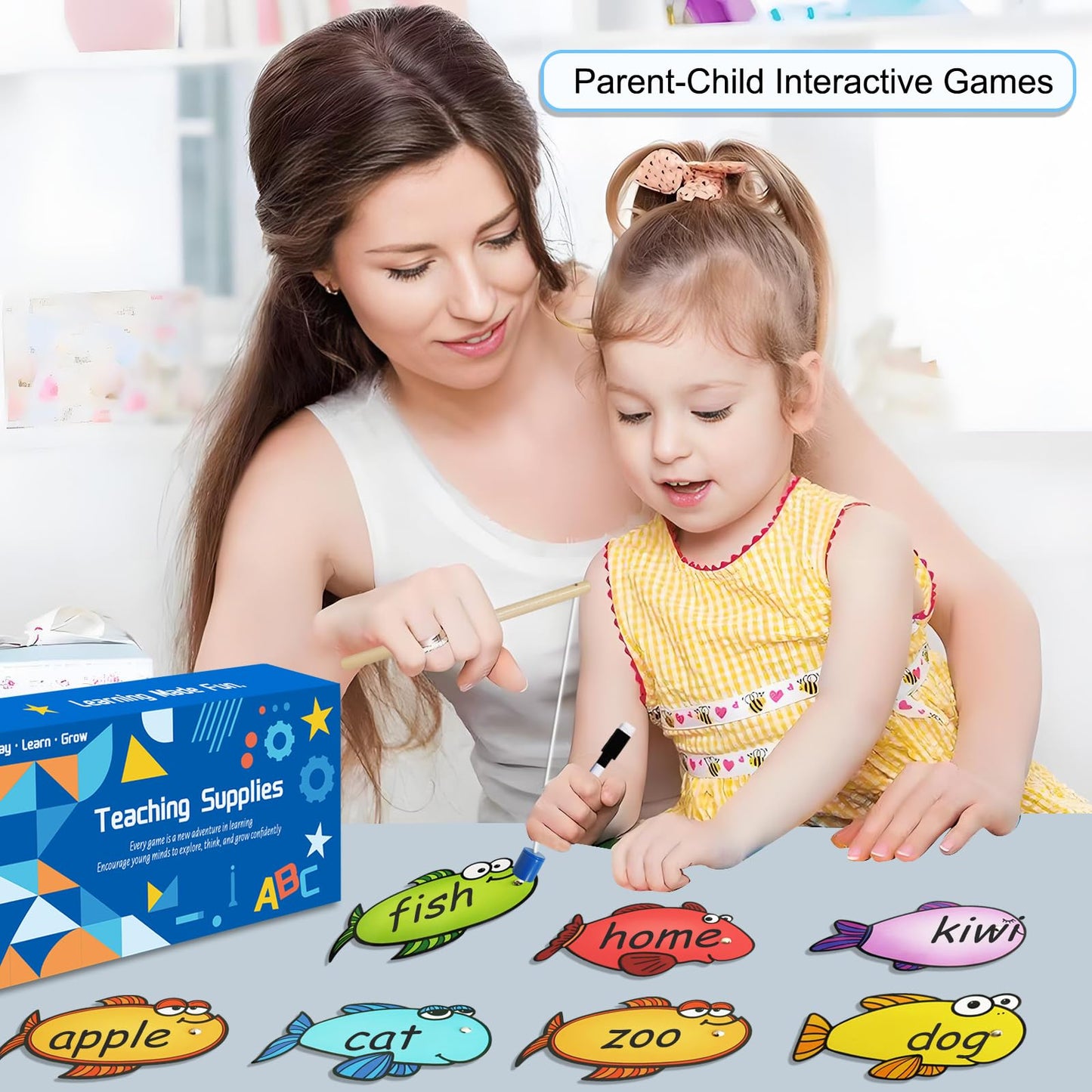 Quixorblex Magnetic Fishing Game 40 Dry Erase Fish Cards 48 Sight Words Flash Cards Kindergarten DIY Alphabet Fish Sight Word Games Educational Toys
