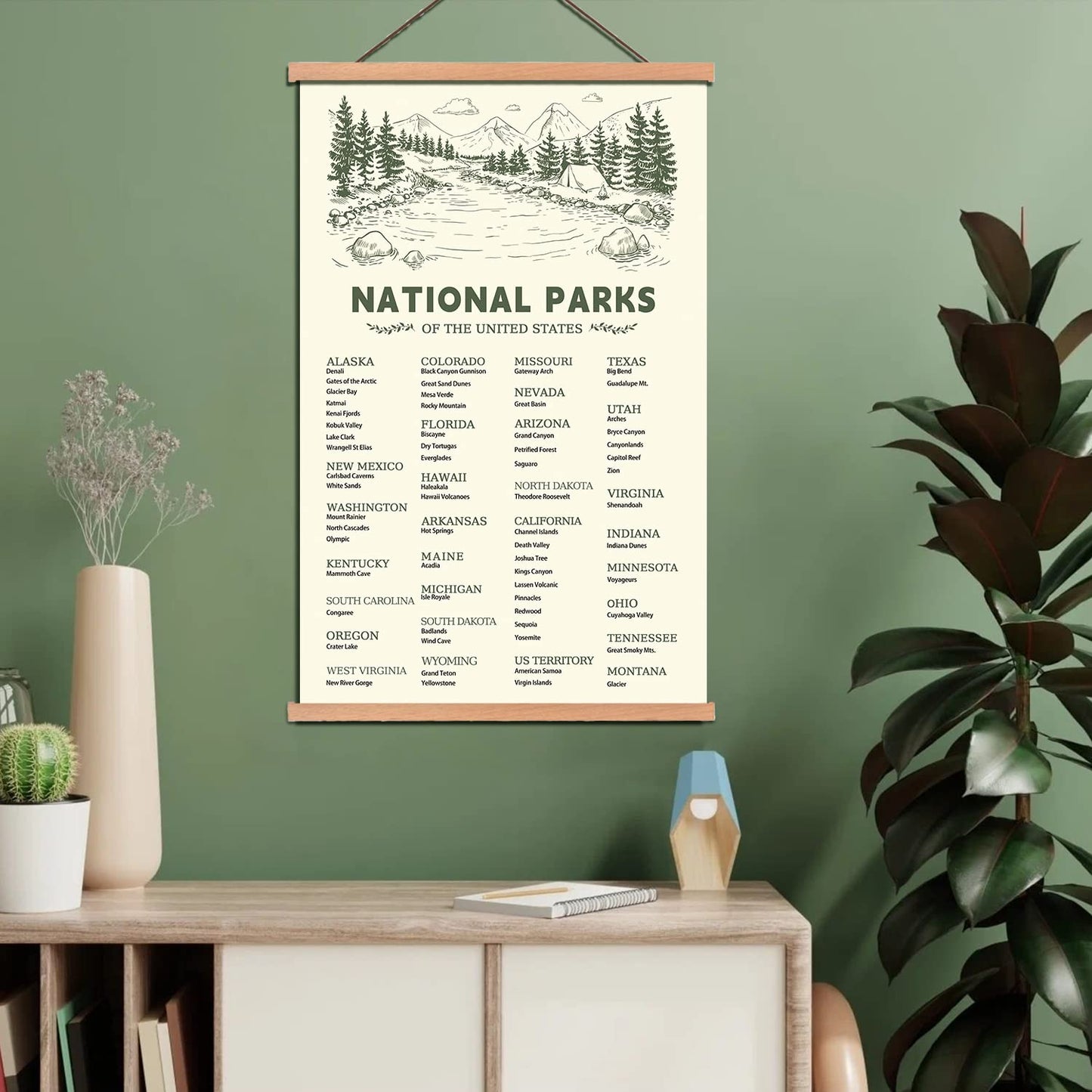 KAIRNE US National Park Checklist Poster,Park Posters for Travel Sign With Wooden Hanging Framed(28CMx46CM),Inspirational Rustic Decor,National Park Map Posters Gift for Hiker or National Park Lover