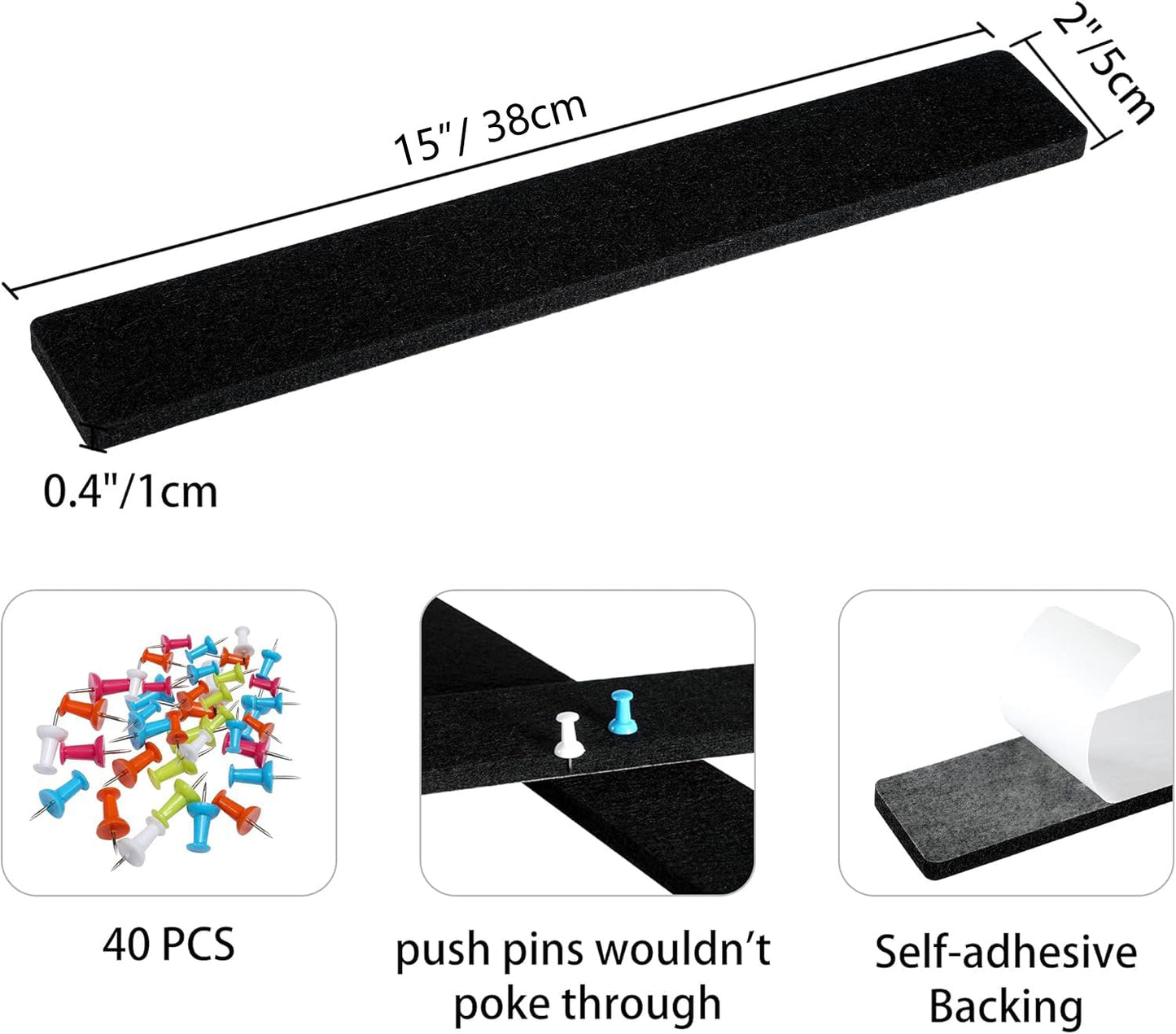 GoTiling Cork Board for Walls - 8 Pack Felt Pin Board Bar Strips - Self-Adhesive Lightweight Bulletin Board - Cork Board for Office with 40 Push Pins No Damage for Wall (Black)